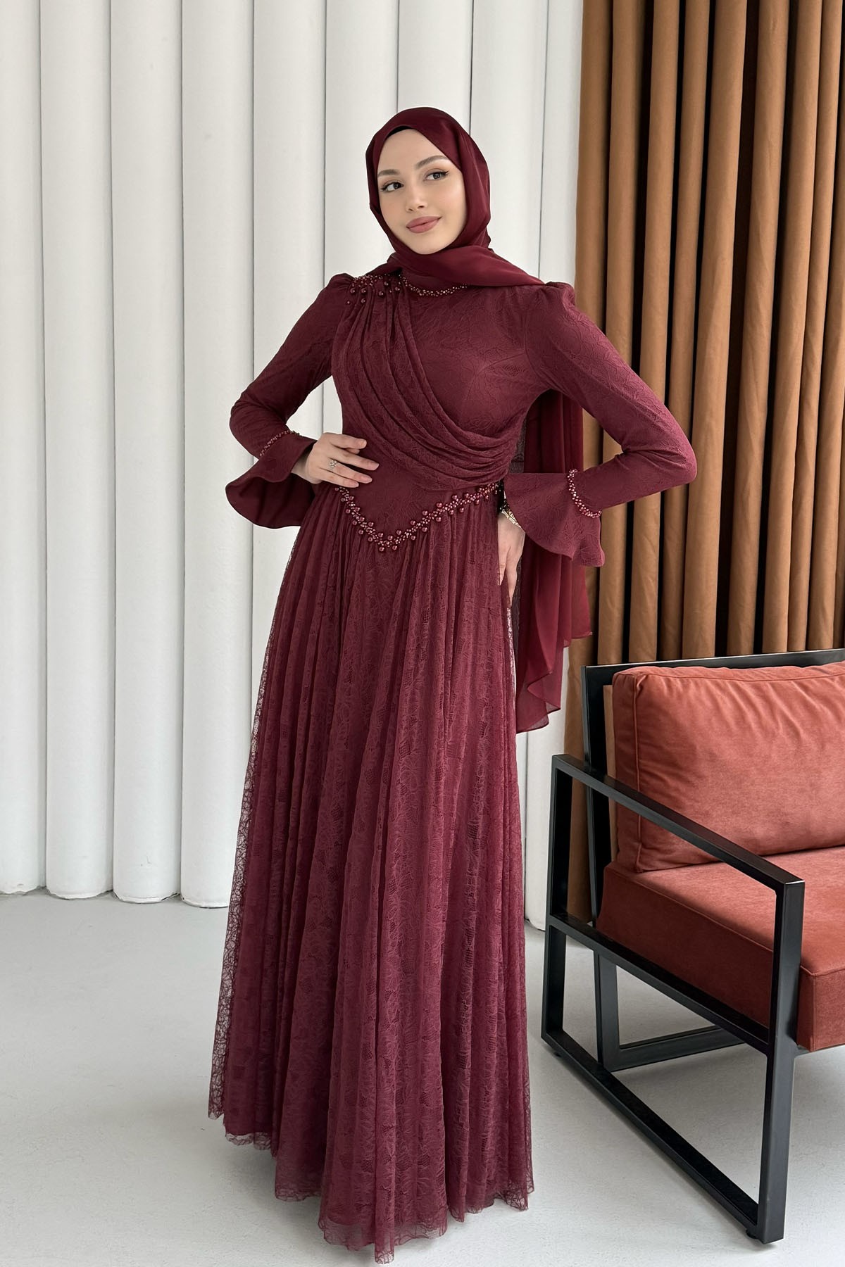 Premium Taş İşlemeli Dökümlü Yaka Tesettür Abiye-BORDO