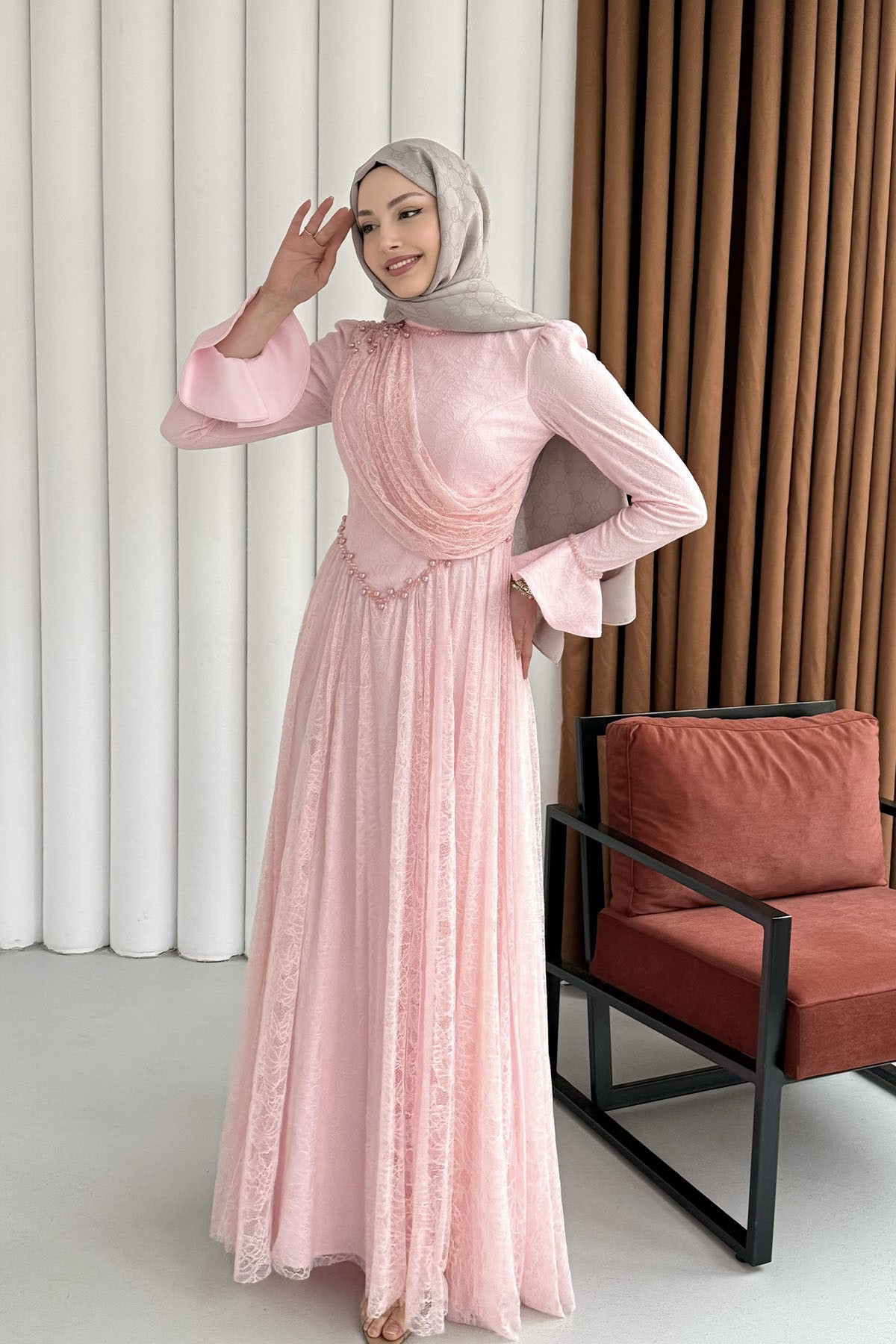 Premium Taş İşlemeli Dökümlü Yaka Tesettür Abiye-PEMBE