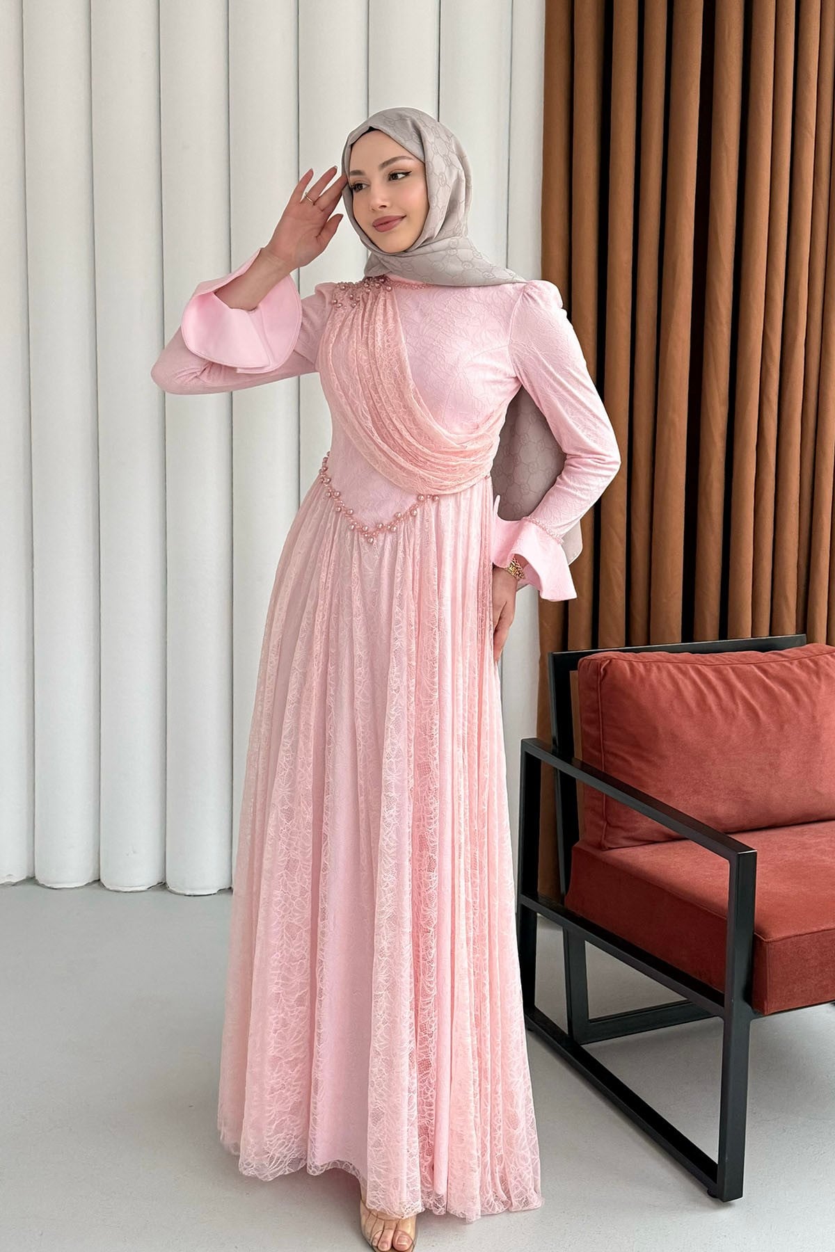 Premium Taş İşlemeli Dökümlü Yaka Tesettür Abiye-PEMBE