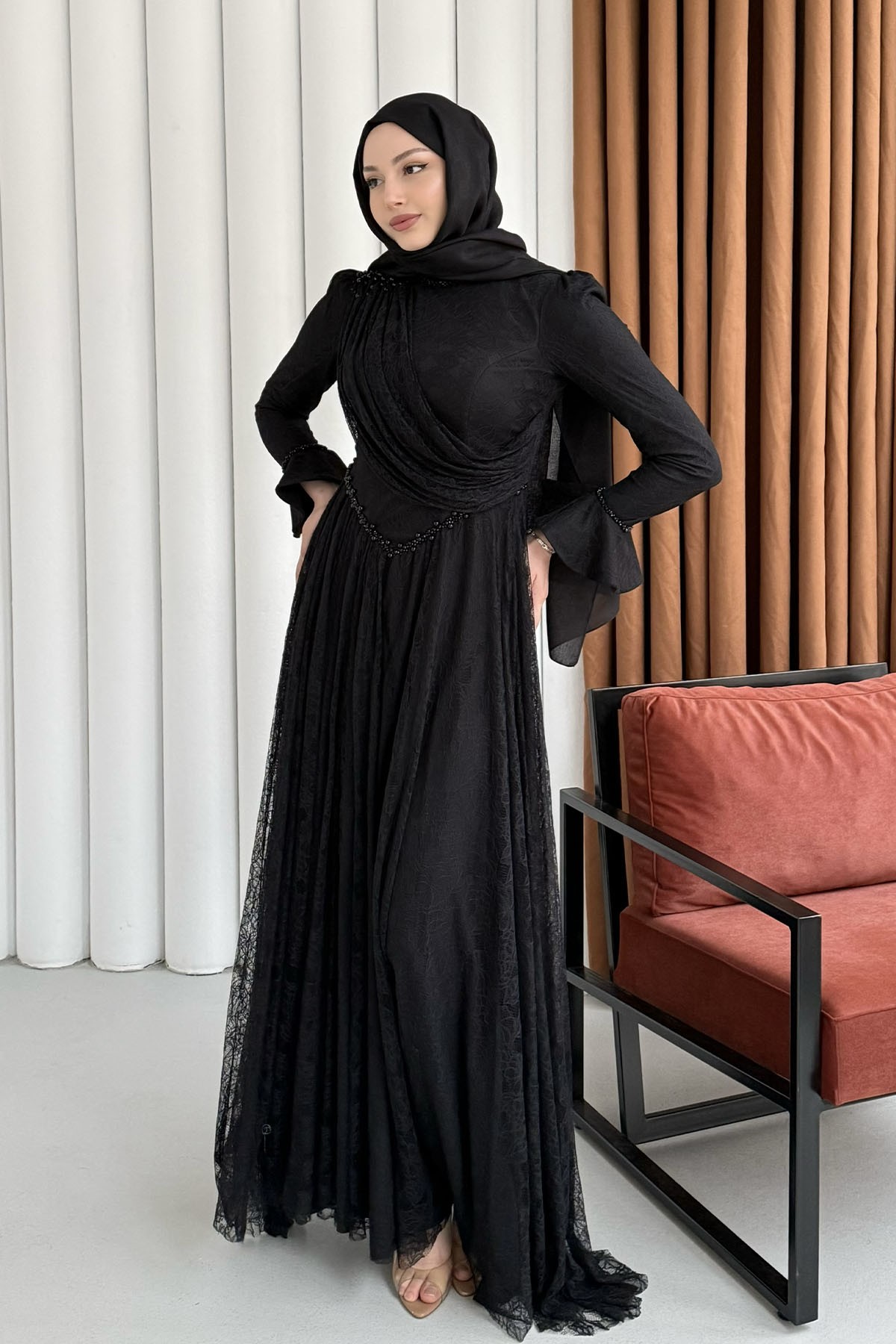 Premium Taş İşlemeli Dökümlü Yaka Tesettür Abiye-SİYAH