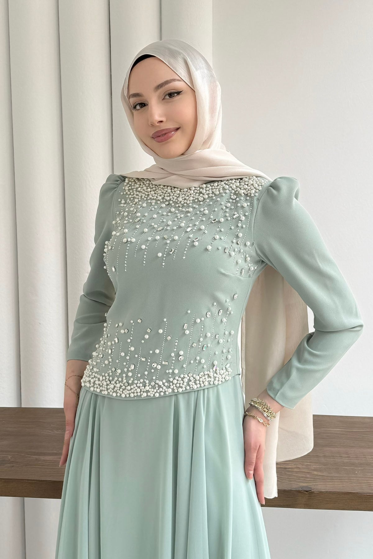 Premium Üst Taş İşlemeli Tesettür Abiye-MİNT YEŞİLİ