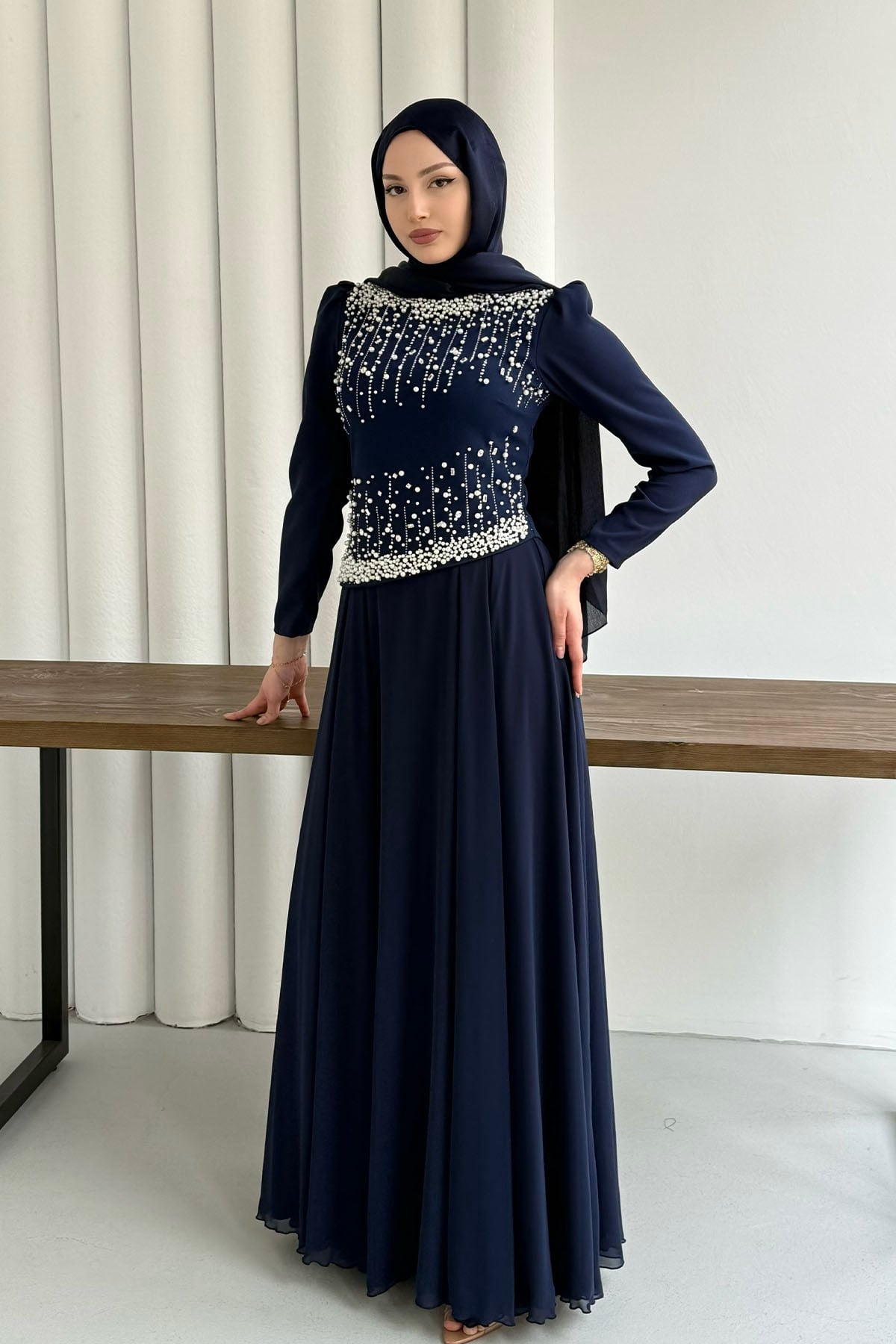 Premium Üst Taş İşlemeli Tesettür Abiye-LACİVERT