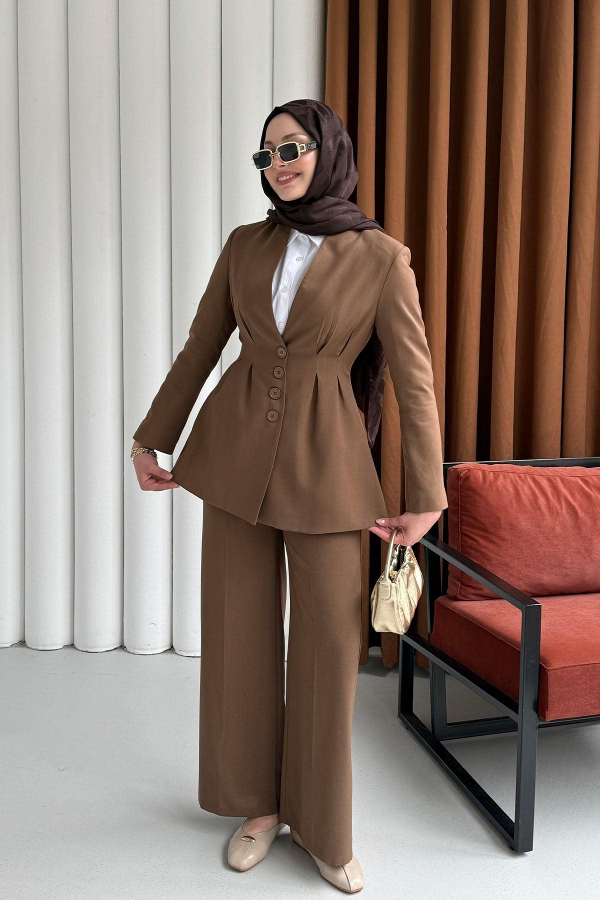 Premium Vatkalı Palazzo Pantolon Tesettür Takım-SÜTLÜ KAHVE