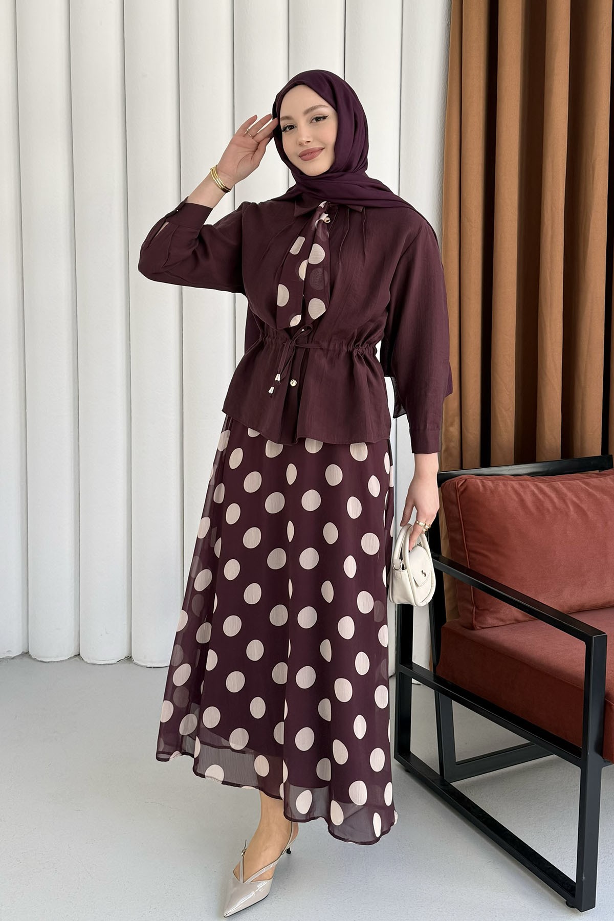 Puantiye Detaylı Etekli Tesettür Takım-BORDO