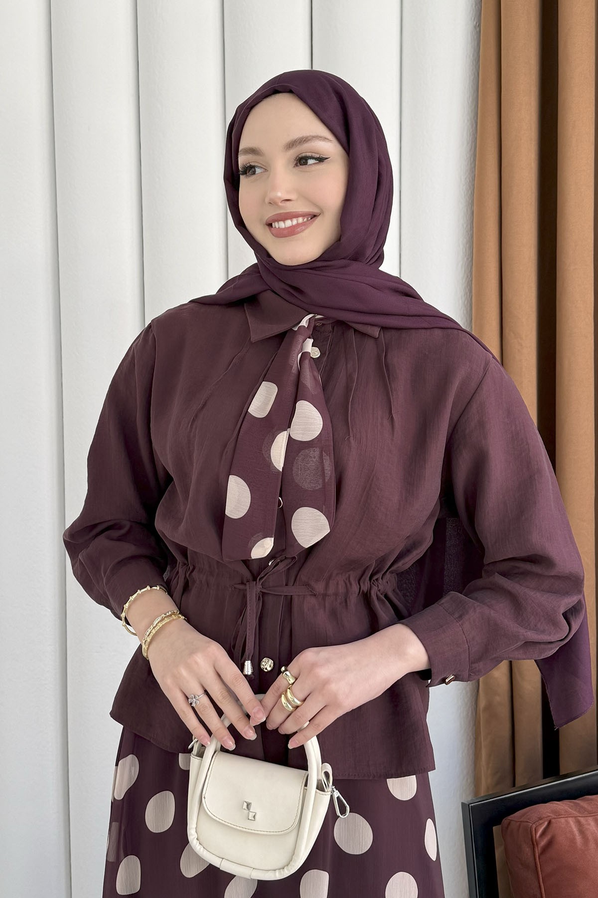 Puantiye Detaylı Etekli Tesettür Takım-BORDO