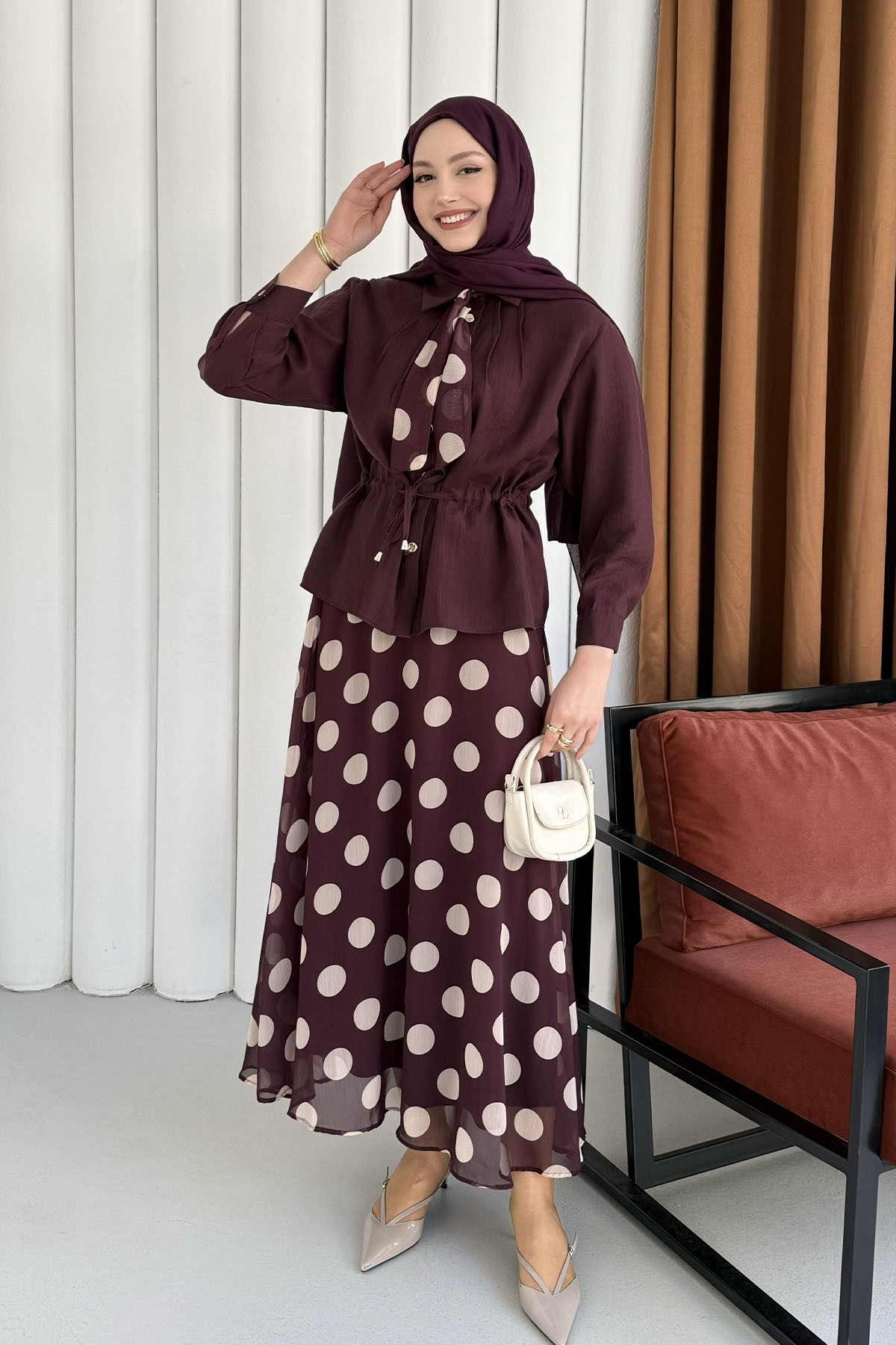 Puantiye Detaylı Etekli Tesettür Takım-BORDO