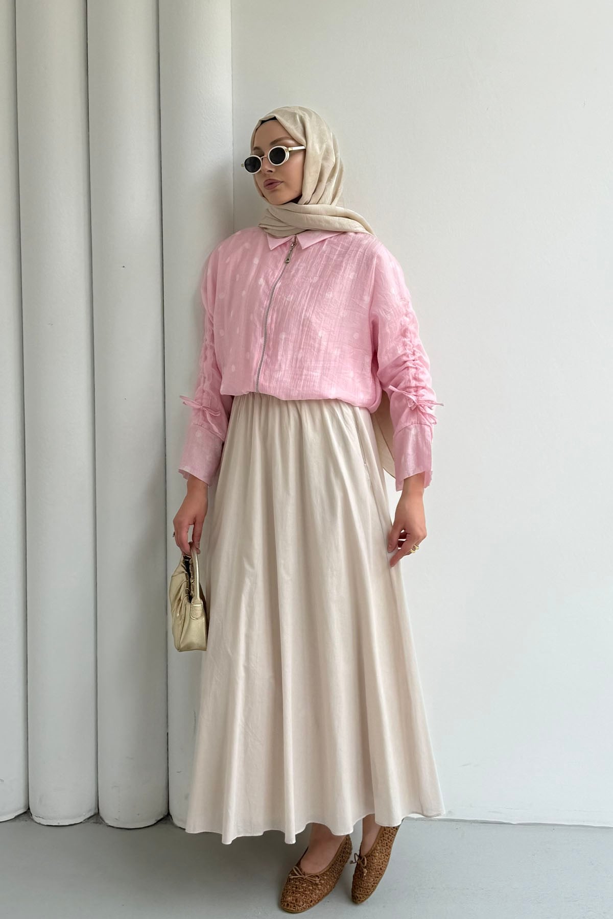 Puantiyeli Kısa Crop Bomber Ceket-PEMBE