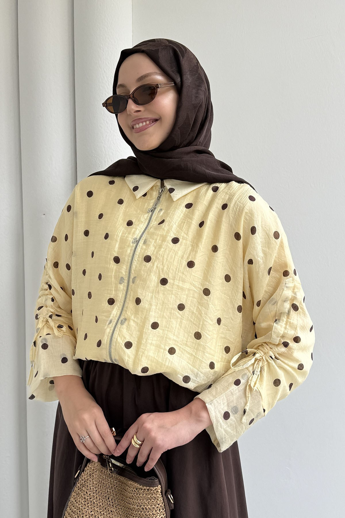 Puantiyeli Kısa Crop Bomber Ceket-SARI