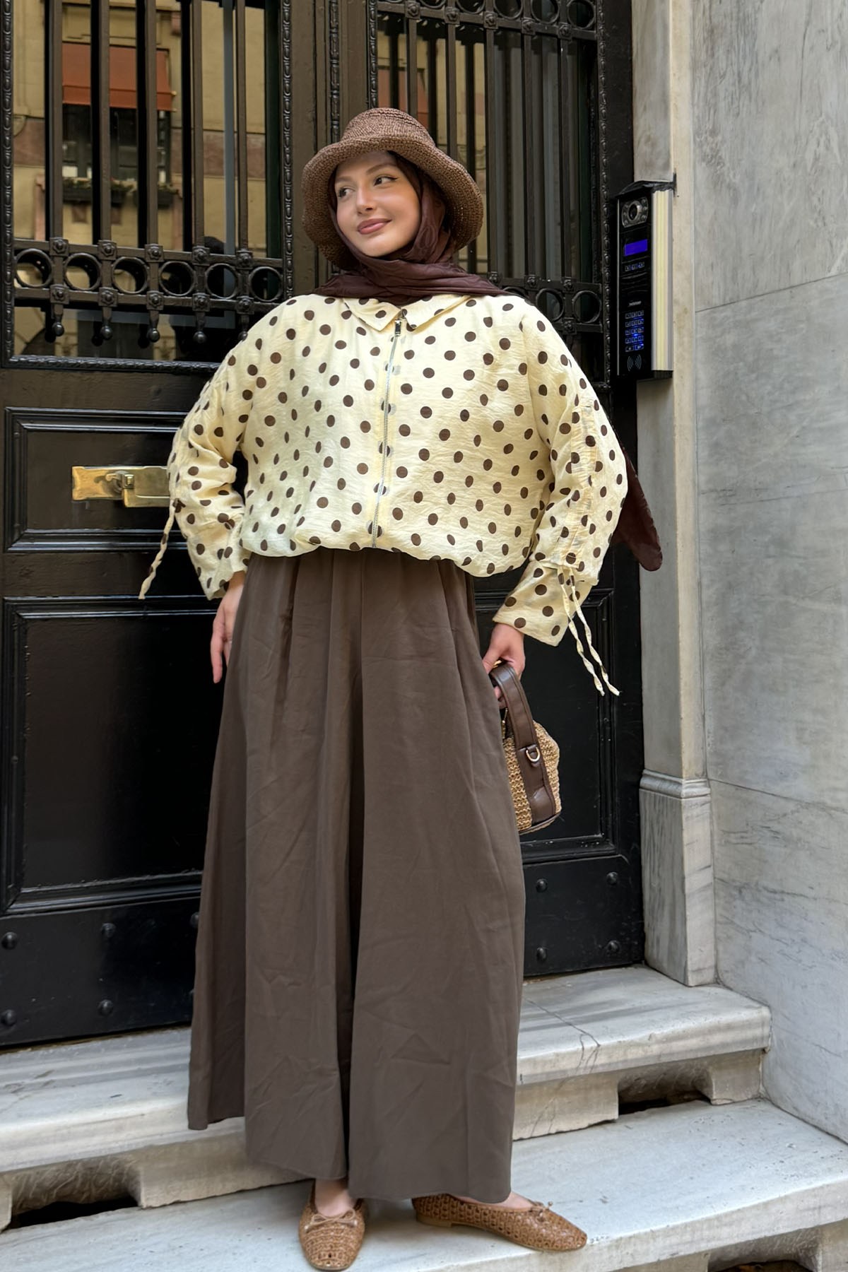 Puantiyeli Kısa Crop Bomber Ceket-SARI