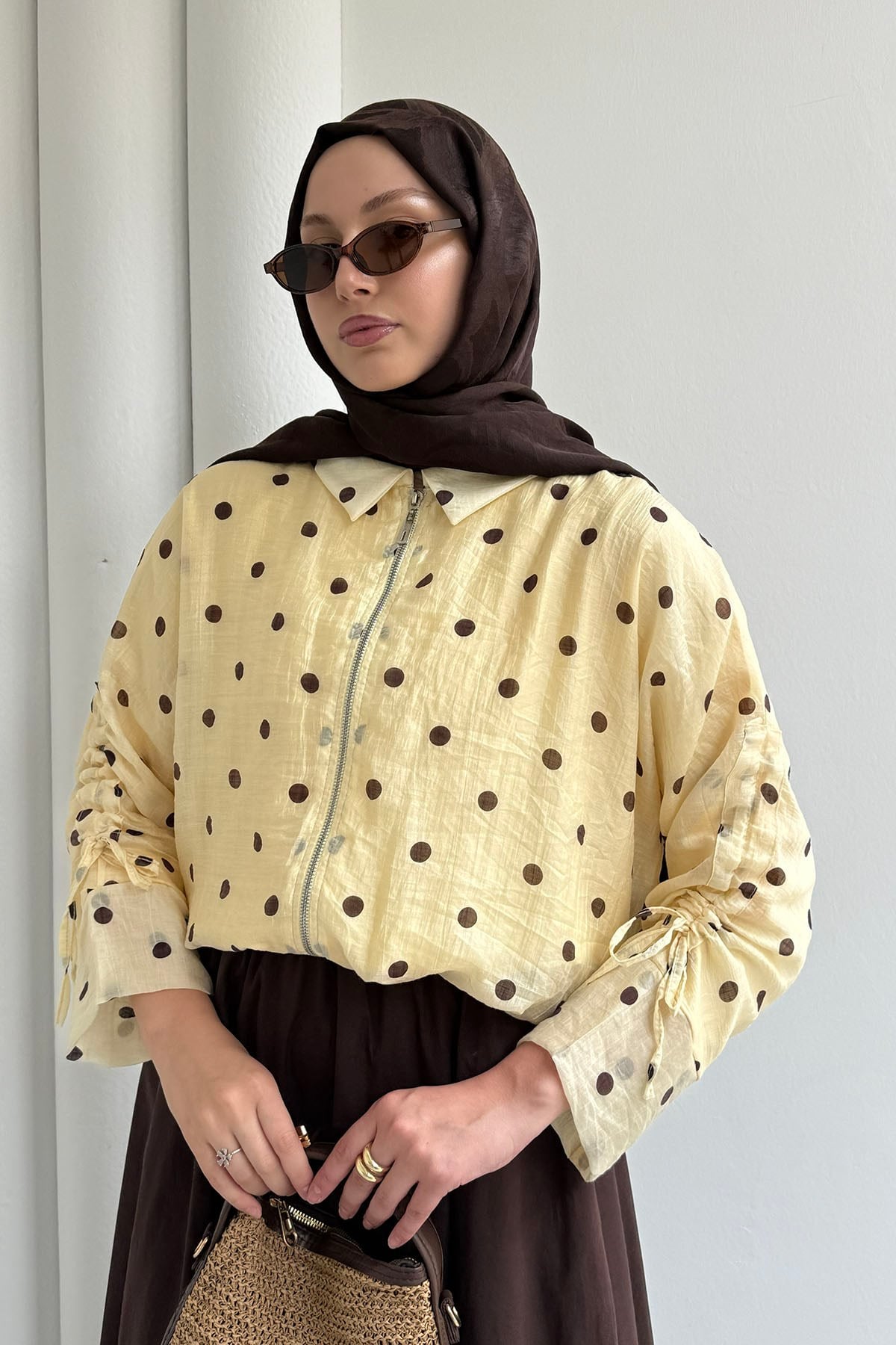 Puantiyeli Kısa Crop Bomber Ceket-SARI