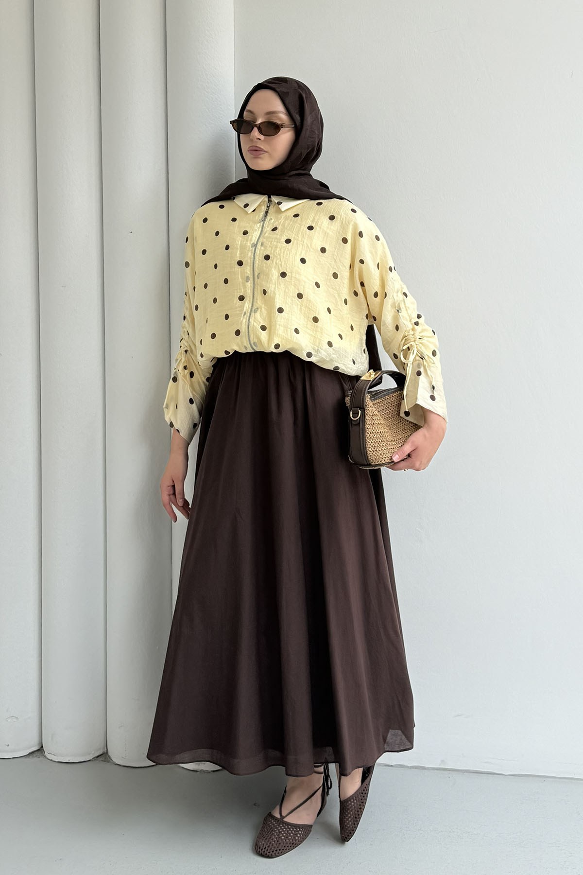 Puantiyeli Kısa Crop Bomber Ceket-SARI