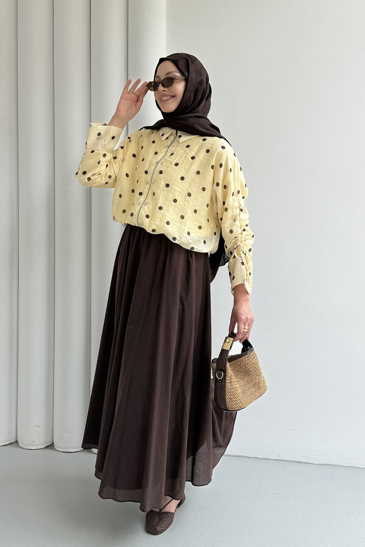 Puantiyeli Kısa Crop Bomber Ceket-SARI