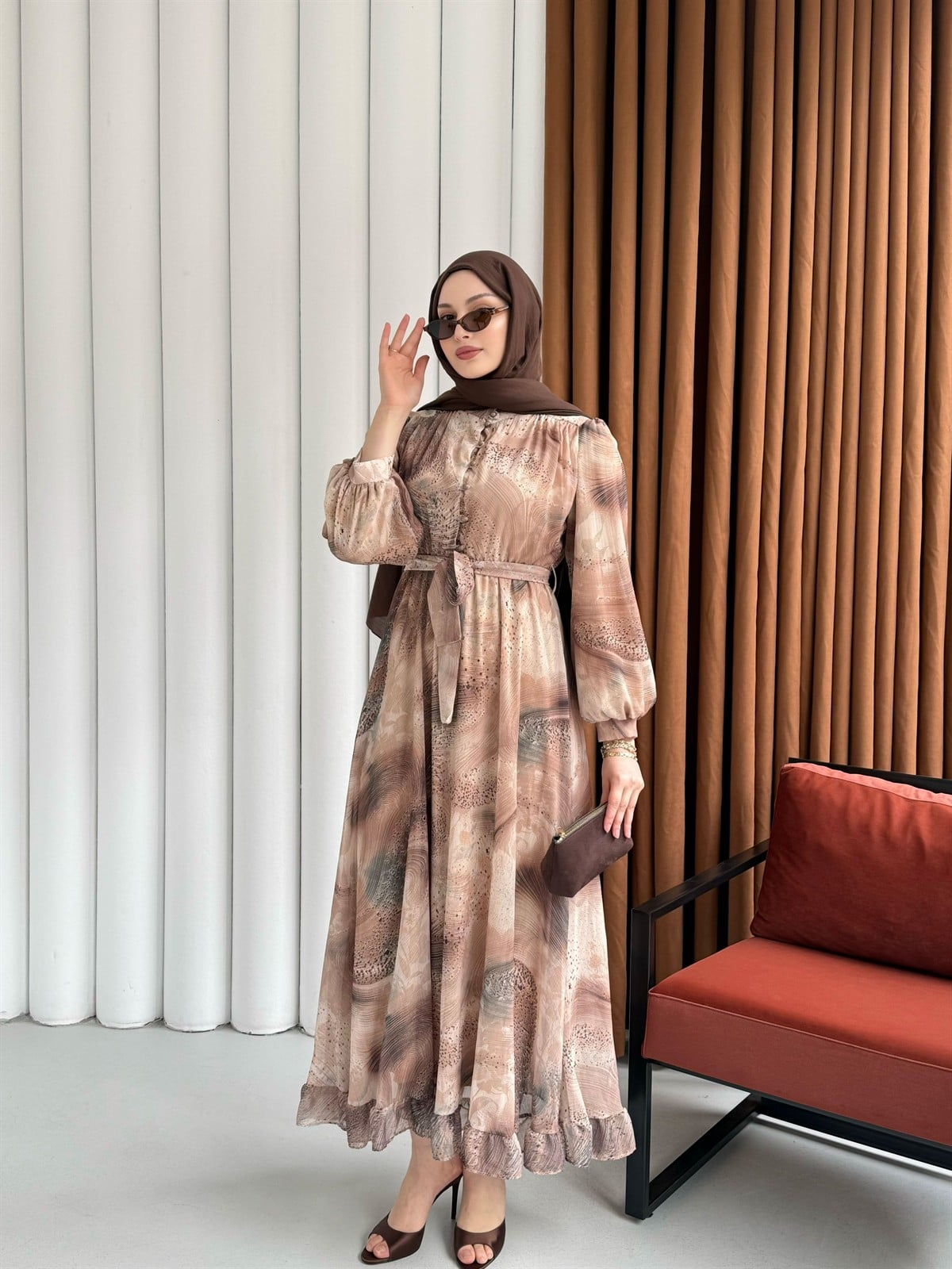 Rabella Desen Yarım Düğme Detay Balon Kol Tesettür Elbise-VİZON