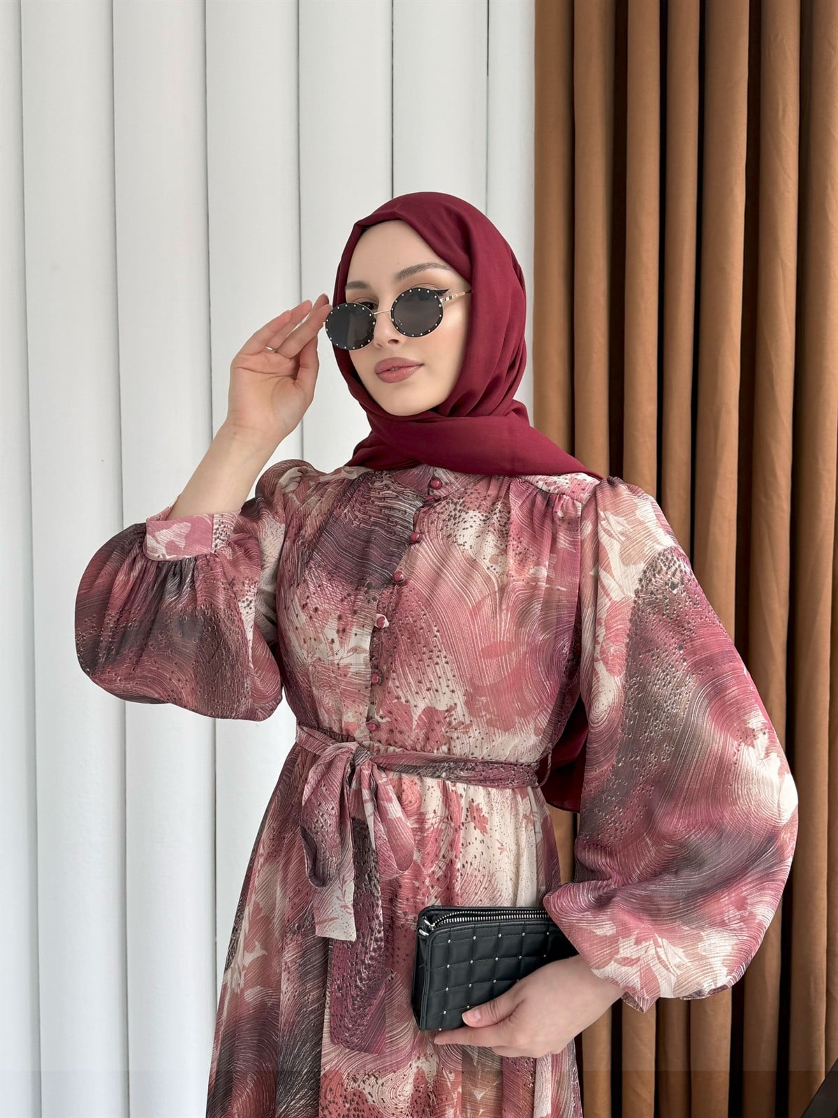 Rabella Desen Yarım Düğme Detay Balon Kol Tesettür Elbise-GÜL KURUSU