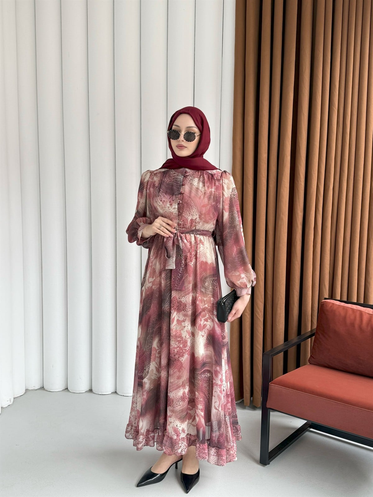 Rabella Desen Yarım Düğme Detay Balon Kol Tesettür Elbise-GÜL KURUSU