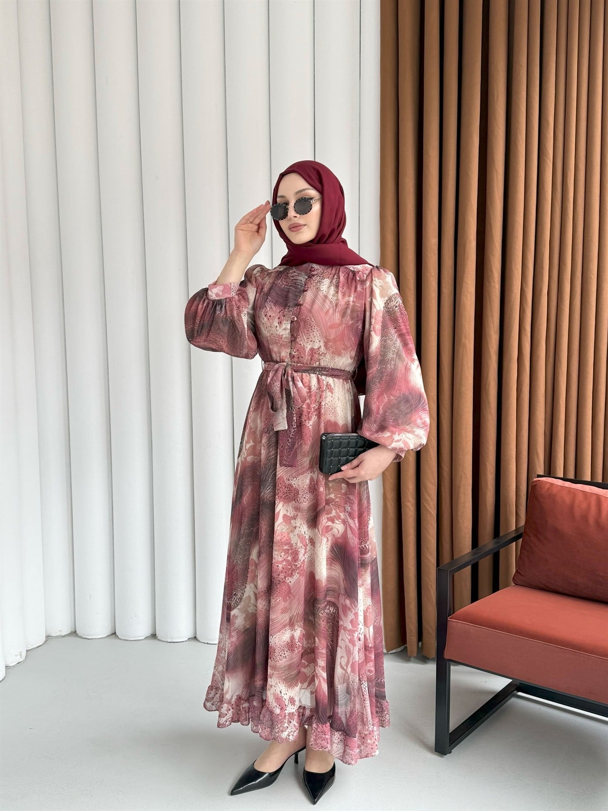 Rabella Desen Yarım Düğme Detay Balon Kol Tesettür Elbise-GÜL KURUSU