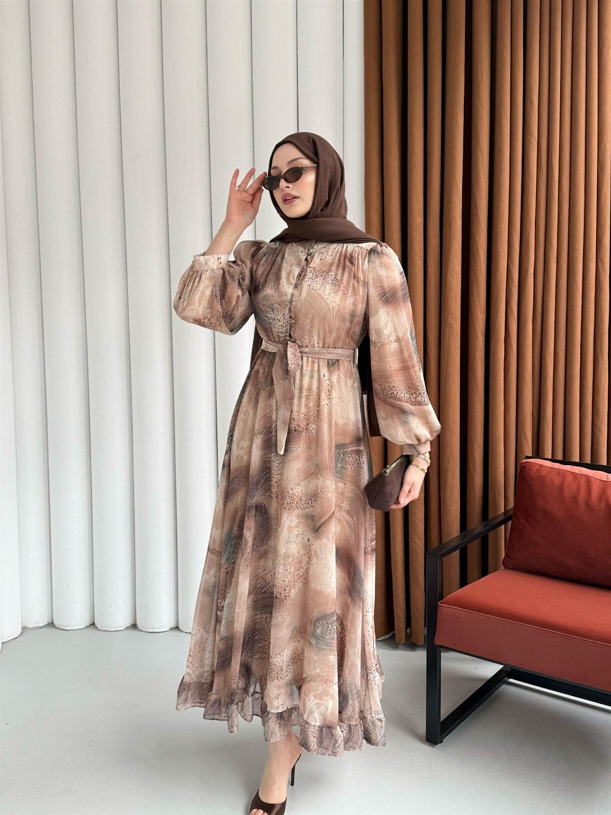 Rabella Desen Yarım Düğme Detay Balon Kol Tesettür Elbise-VİZON