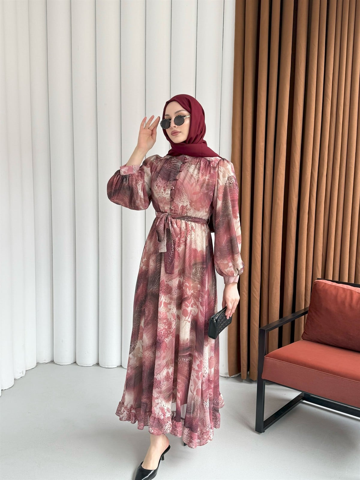 Rabella Desen Yarım Düğme Detay Balon Kol Tesettür Elbise-GÜL KURUSU