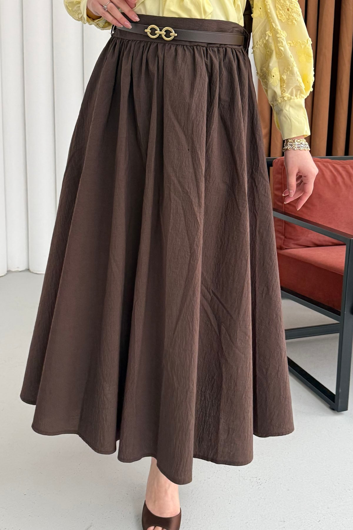 Rahat Kalıp Cepli Kemer Detaylı Lastikli Bel Etek-KAHVERENGİ