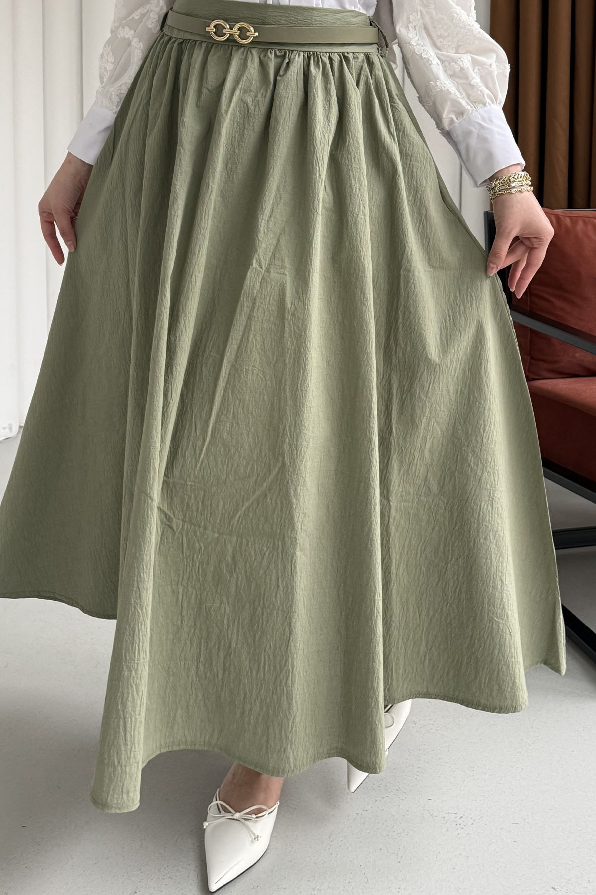 Rahat Kalıp Cepli Kemer Detaylı Lastikli Bel Etek-ÇAĞLA YEŞİLİ