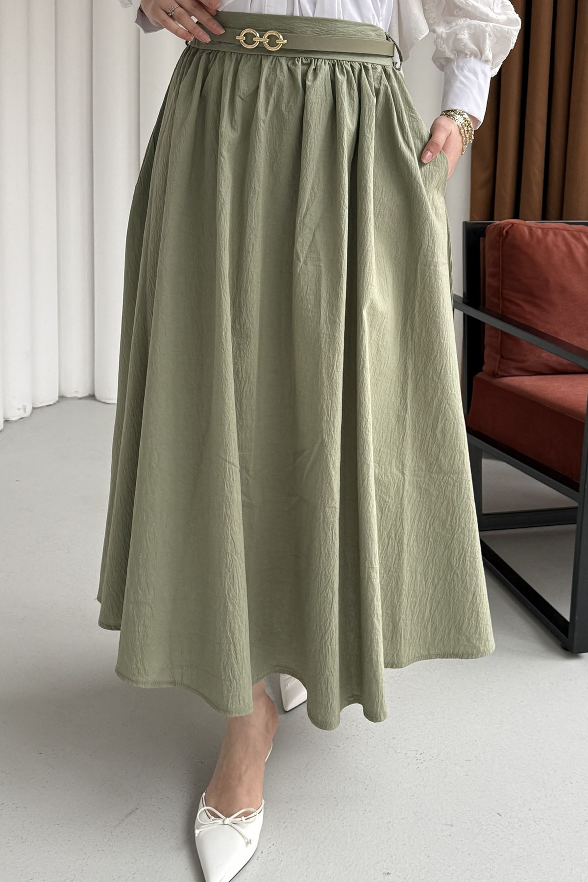 Rahat Kalıp Cepli Kemer Detaylı Lastikli Bel Etek-ÇAĞLA YEŞİLİ