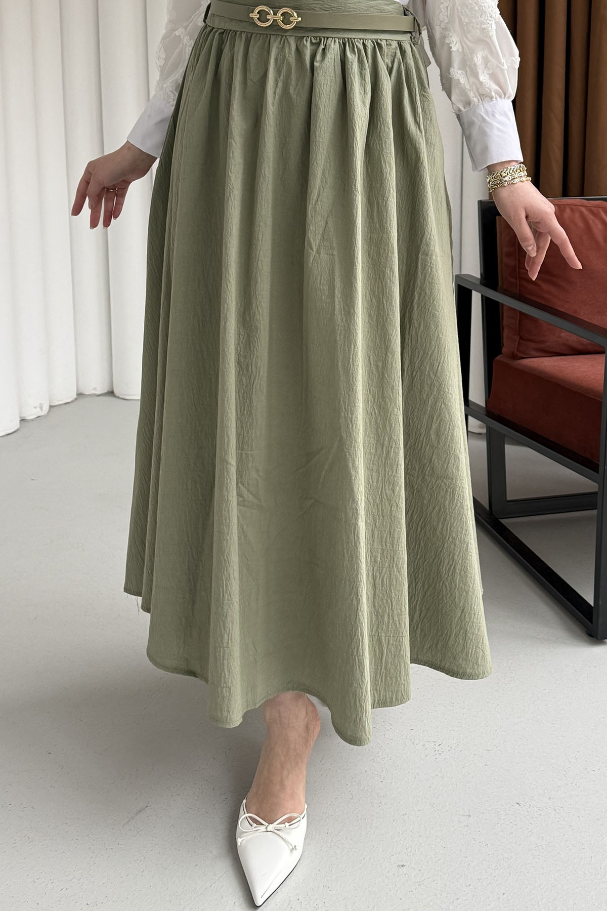 Rahat Kalıp Cepli Kemer Detaylı Lastikli Bel Etek-ÇAĞLA YEŞİLİ