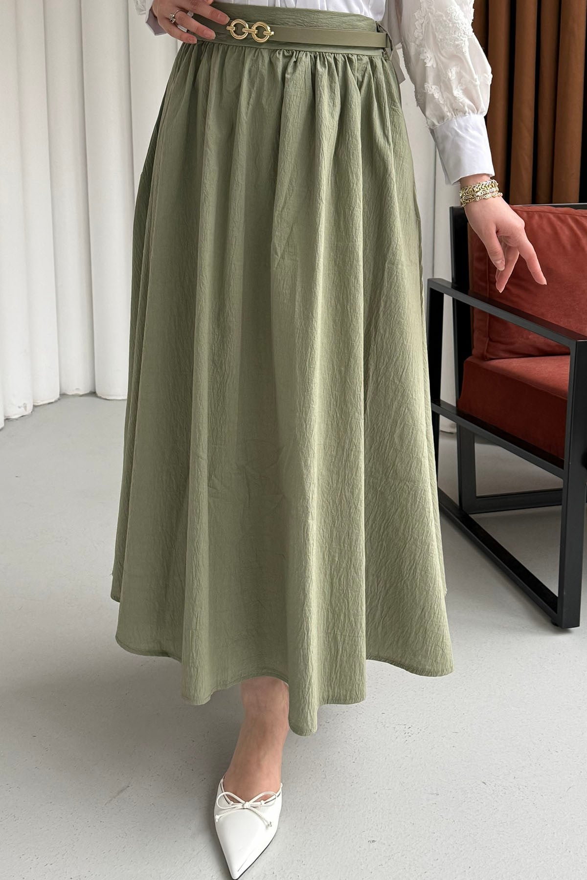 Rahat Kalıp Cepli Kemer Detaylı Lastikli Bel Etek-ÇAĞLA YEŞİLİ