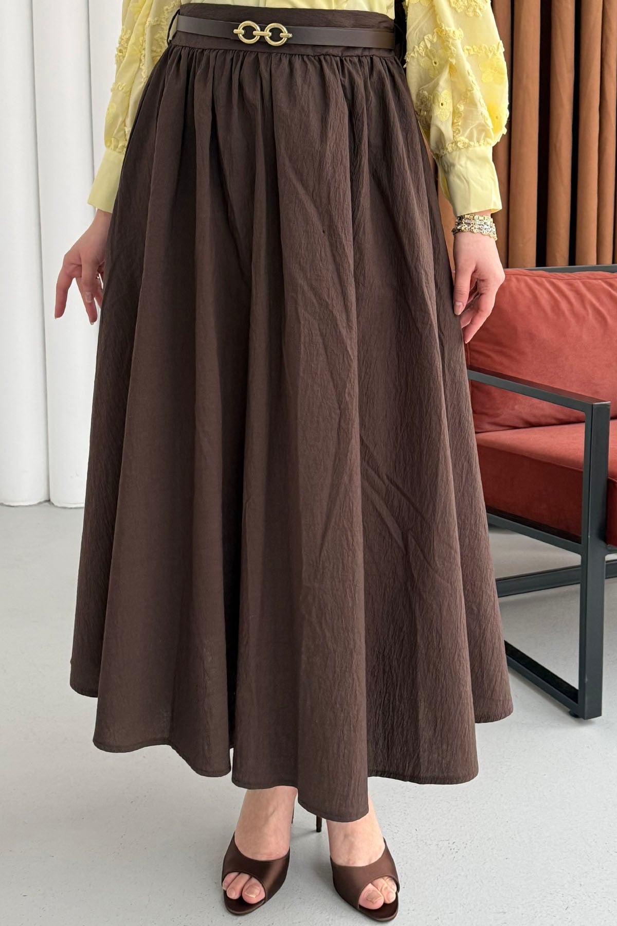 Rahat Kalıp Cepli Kemer Detaylı Lastikli Bel Etek-KAHVERENGİ