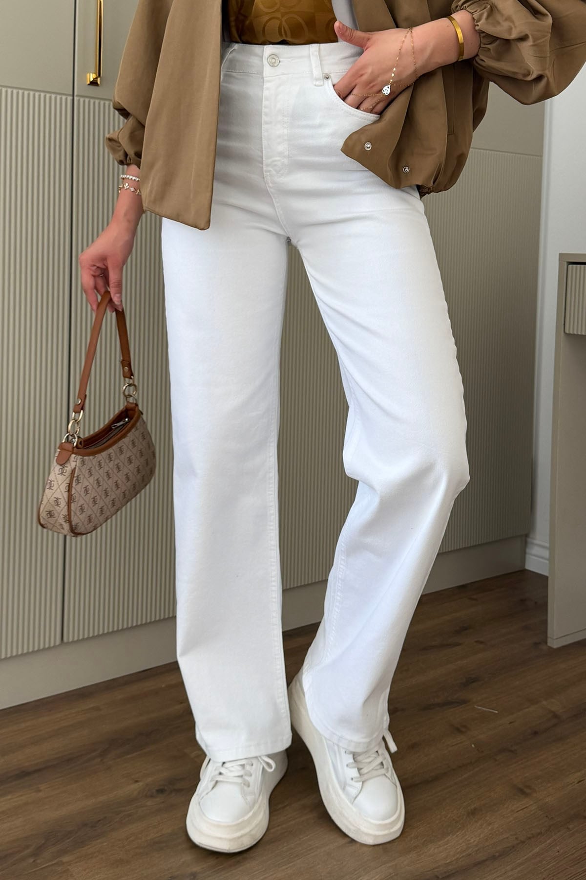 Rahat Kesim Bol Paça Palazzo Denim Pantolon-BEYAZ