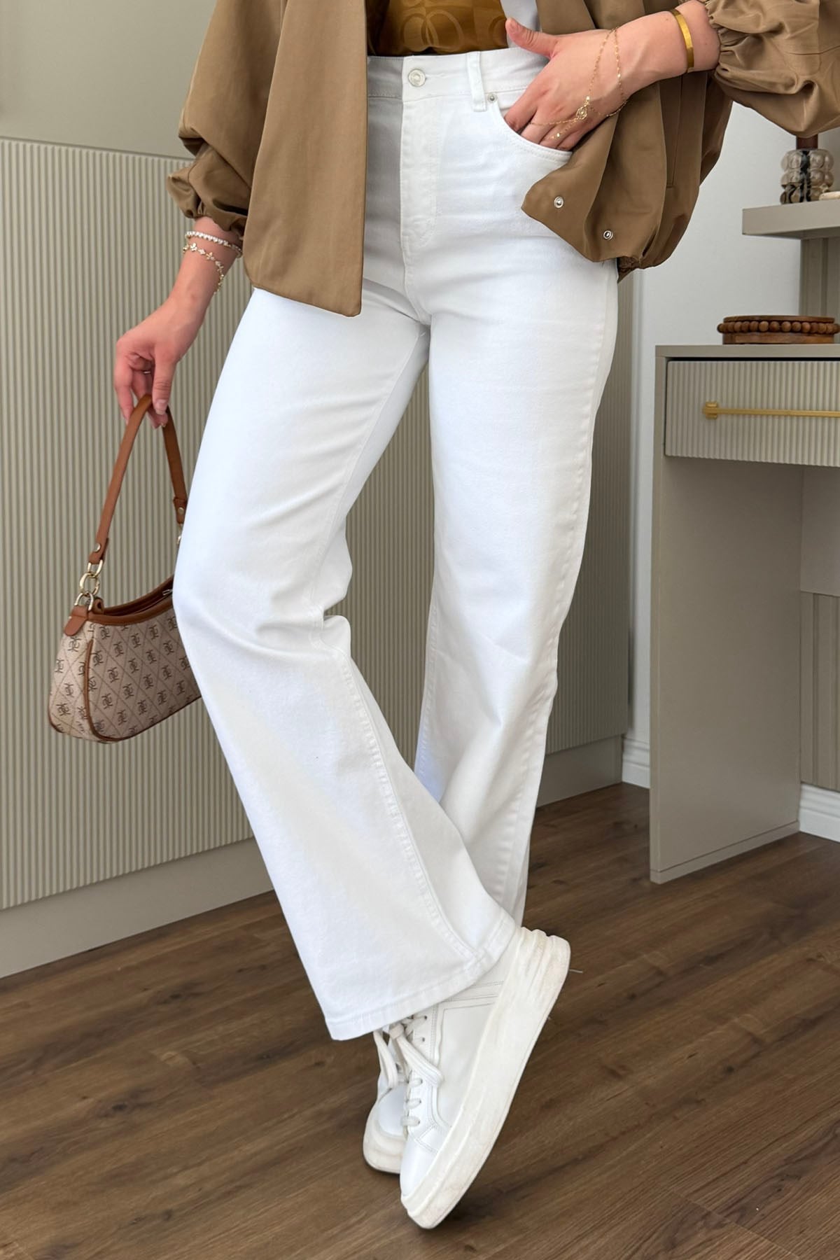 Rahat Kesim Bol Paça Palazzo Denim Pantolon-BEYAZ