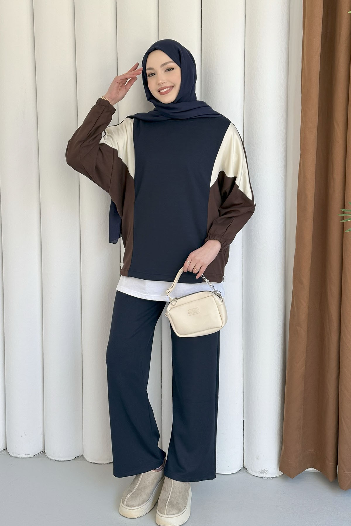 Renk Bloklu Oysho Kumaş Pantolon Tesettür Takım-LACİVERT