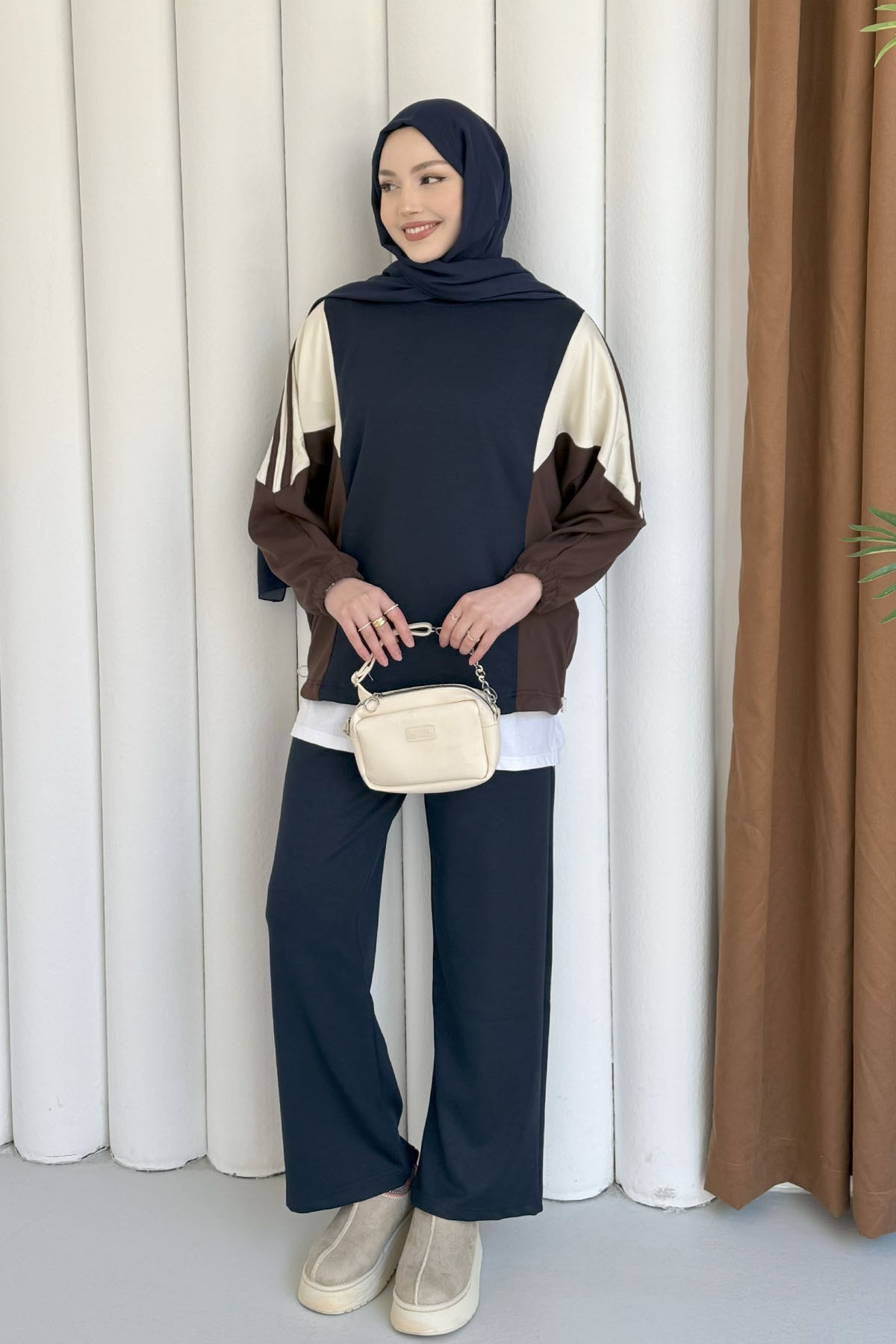 Renk Bloklu Oysho Kumaş Pantolon Tesettür Takım-LACİVERT