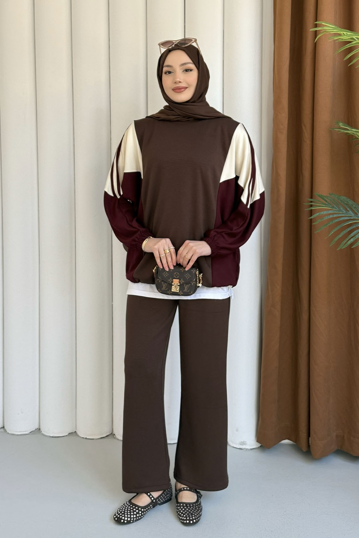 Renk Bloklu Oysho Kumaş Pantolon Tesettür Takım-KAHVERENGİ