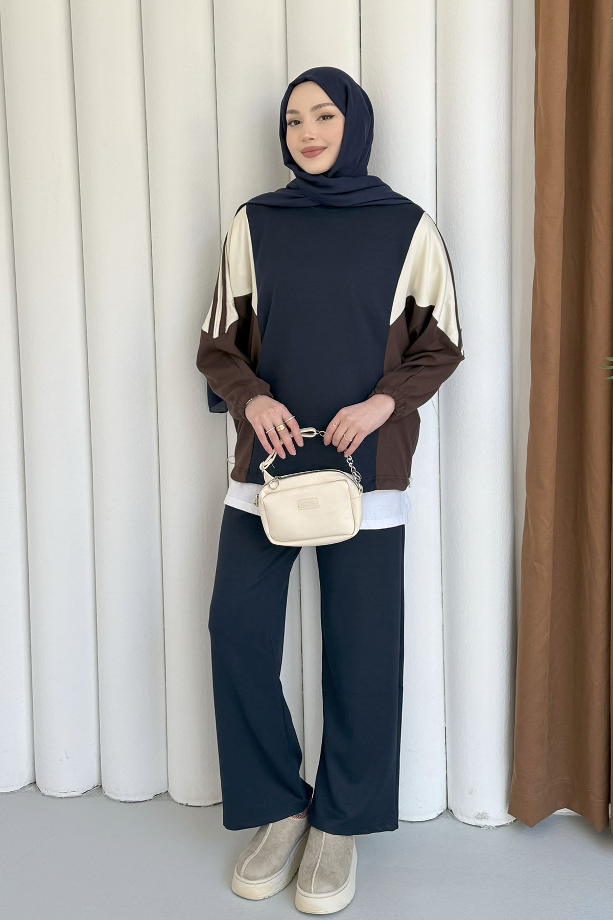 Renk Bloklu Oysho Kumaş Pantolon Tesettür Takım-LACİVERT