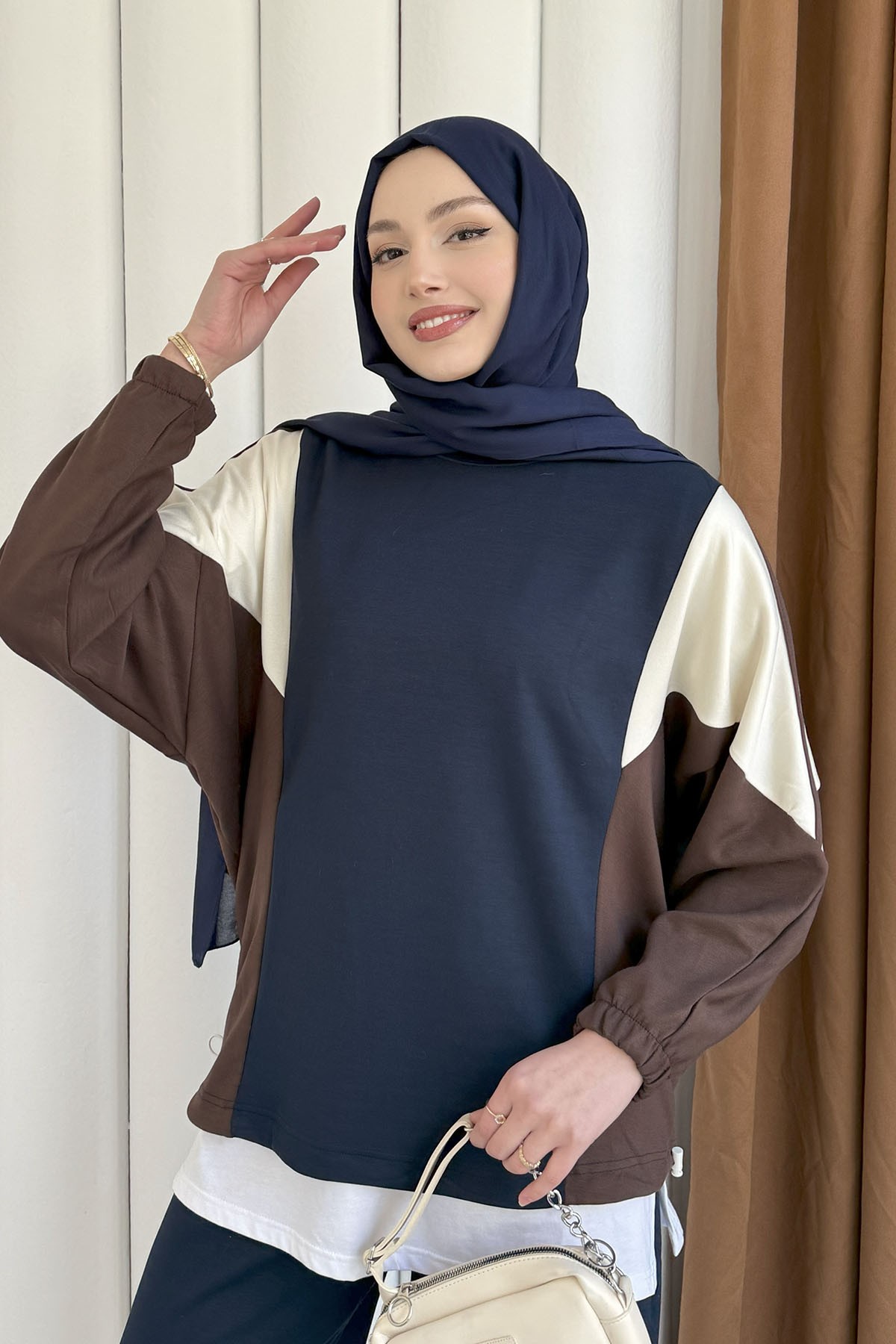 Renk Bloklu Oysho Kumaş Pantolon Tesettür Takım-LACİVERT