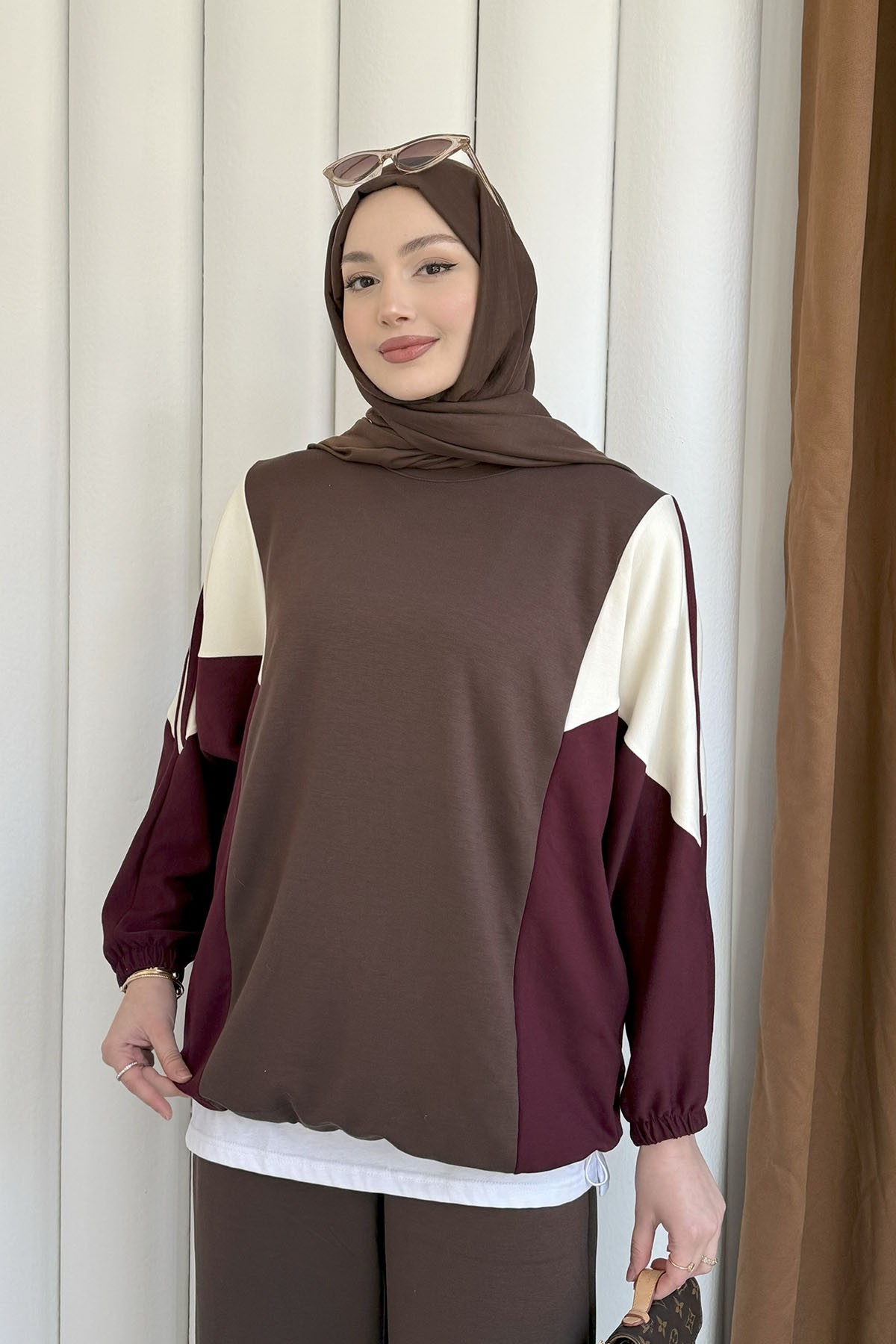 Renk Bloklu Oysho Kumaş Pantolon Tesettür Takım-KAHVERENGİ