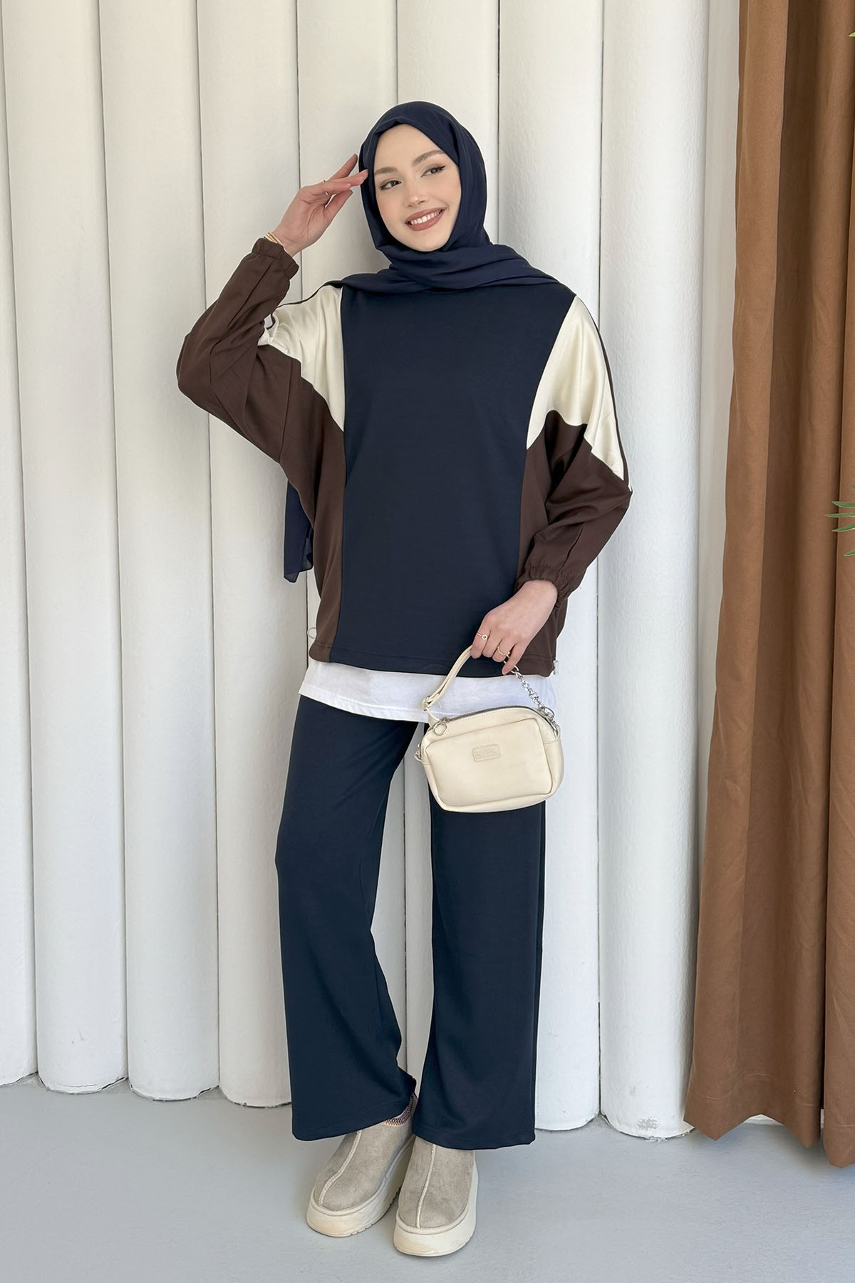 Renk Bloklu Oysho Kumaş Pantolon Tesettür Takım-LACİVERT