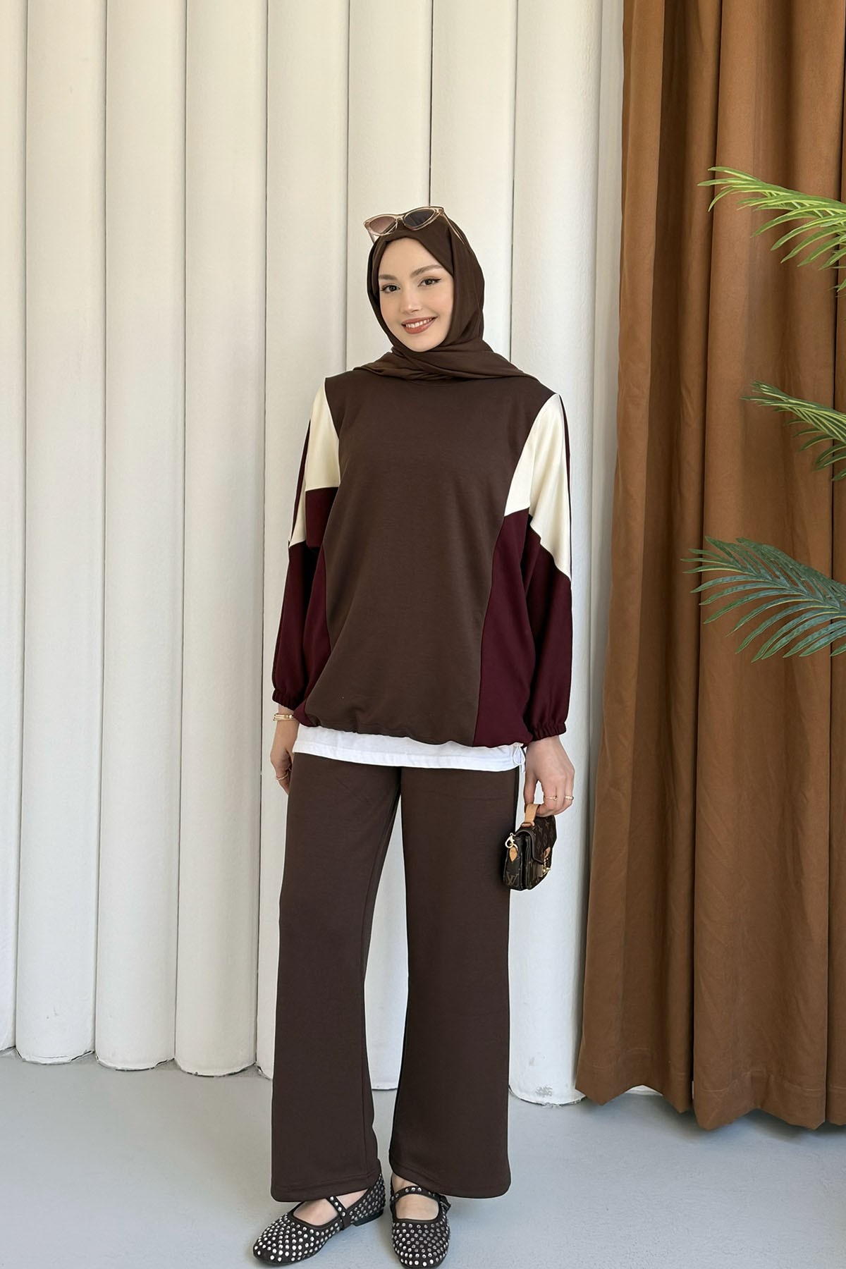 Renk Bloklu Oysho Kumaş Pantolon Tesettür Takım-KAHVERENGİ