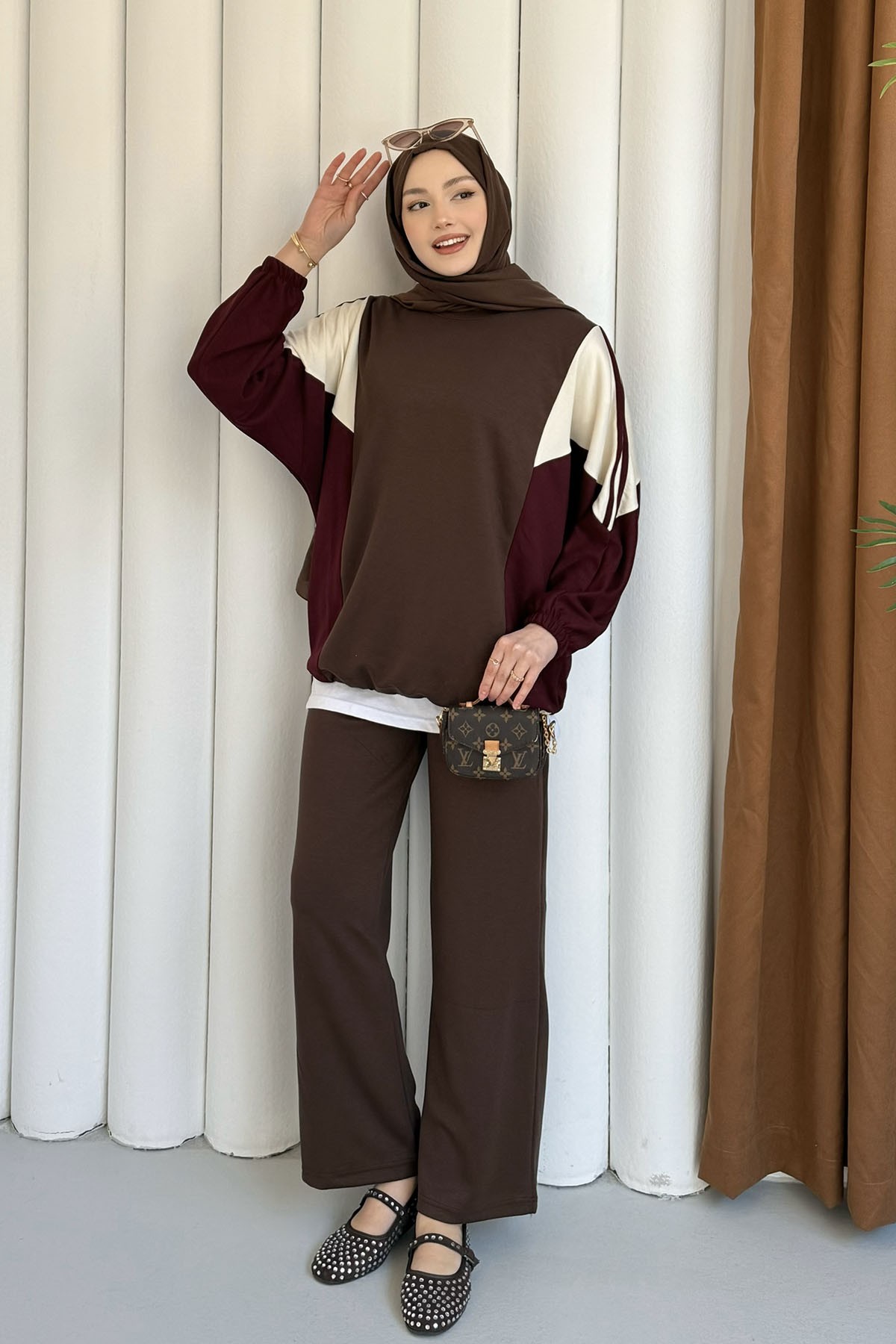 Renk Bloklu Oysho Kumaş Pantolon Tesettür Takım-KAHVERENGİ