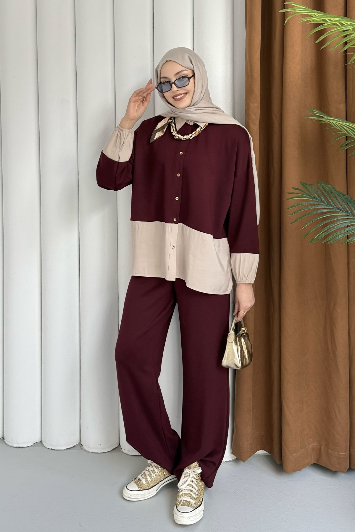 Renk Garnili Fular Detaylı Tesettür Takım-BORDO