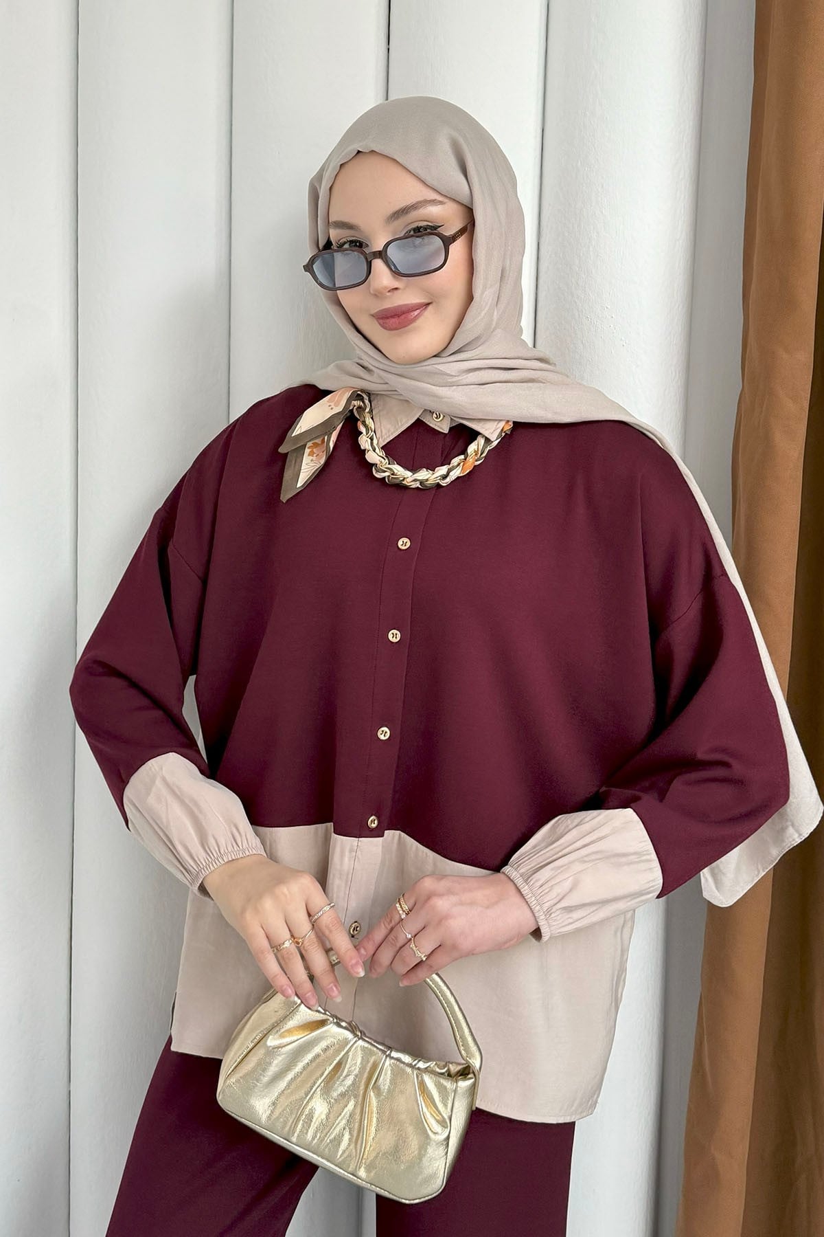 Renk Garnili Fular Detaylı Tesettür Takım-BORDO