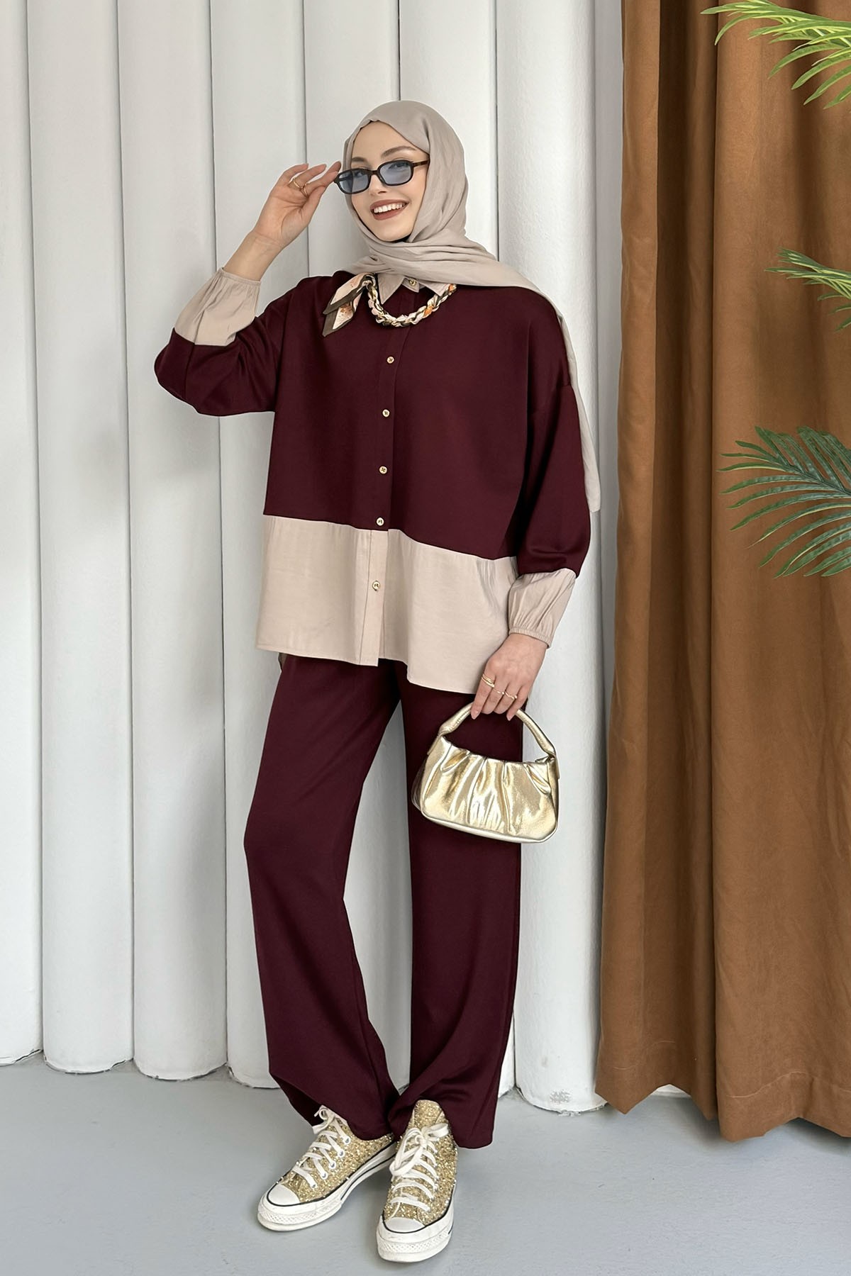 Renk Garnili Fular Detaylı Tesettür Takım-BORDO