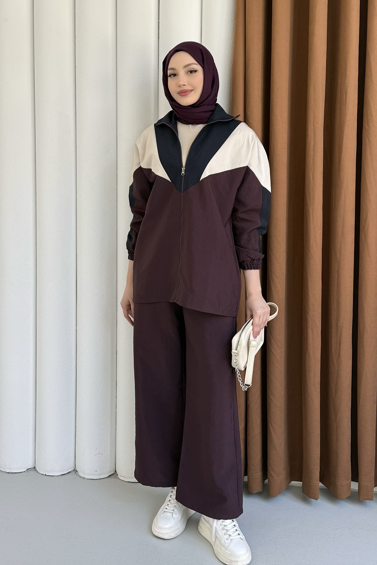 Renkli Paraşüt Detay Pantolonlu Tesettür Takım-BORDO