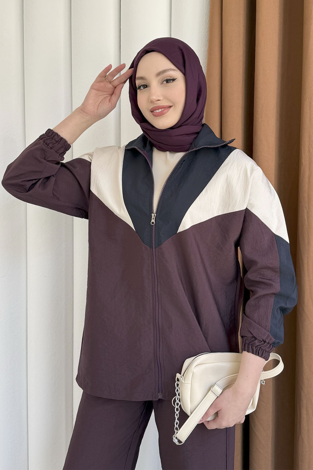 Renkli Paraşüt Detay Pantolonlu Tesettür Takım-BORDO