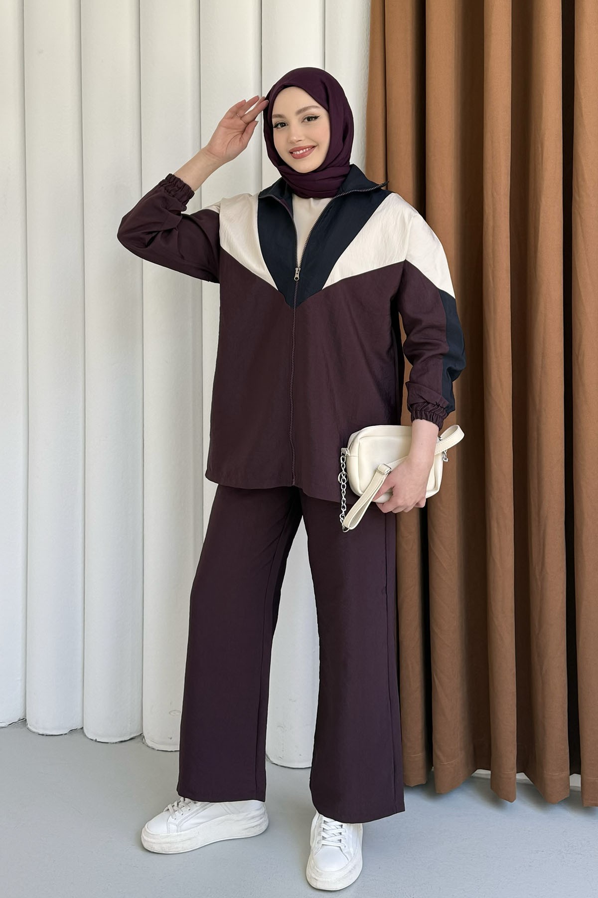 Renkli Paraşüt Detay Pantolonlu Tesettür Takım-BORDO