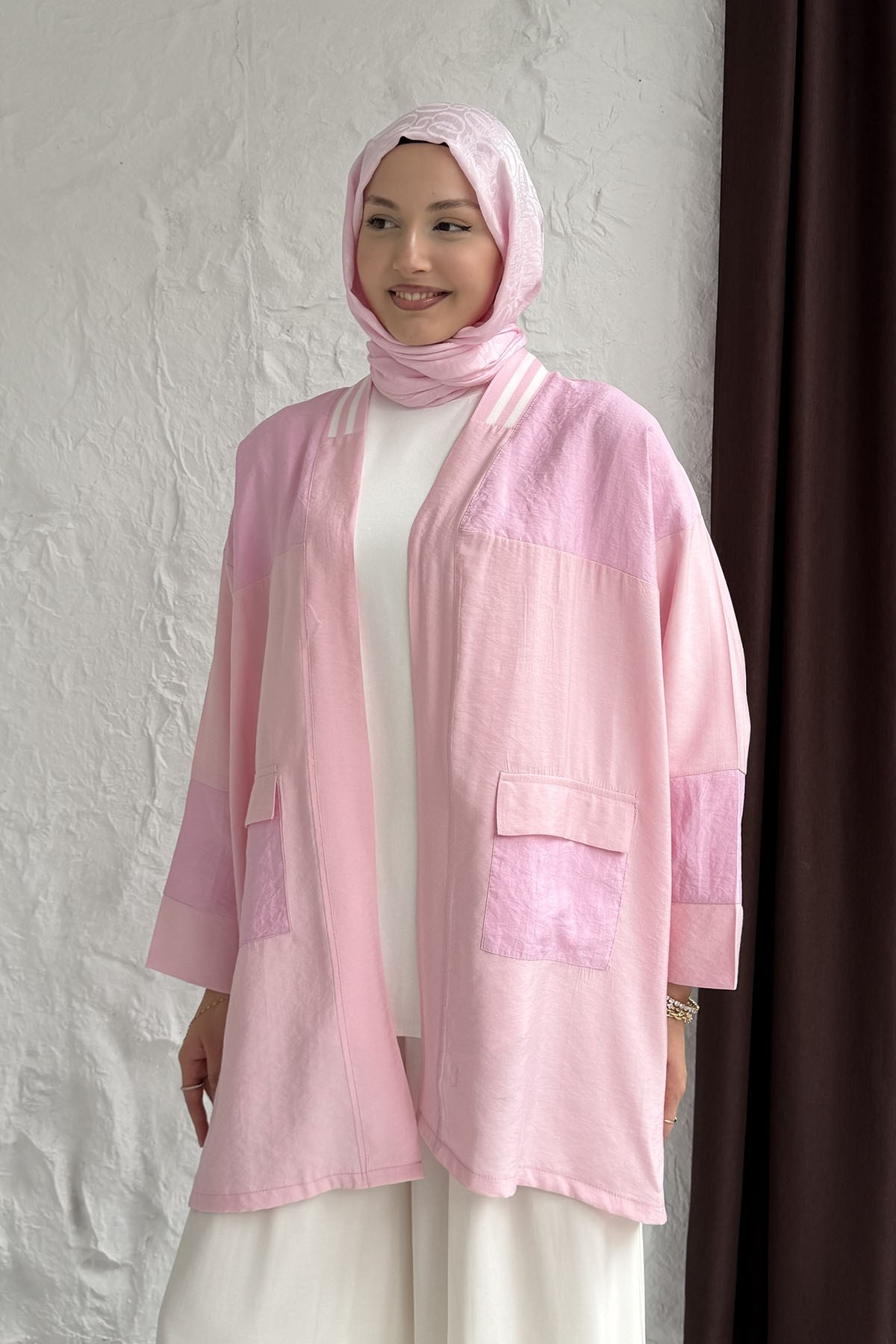 Ribana Yaka Çizgi Detaylı Ön İki Cepli Kap-PEMBE