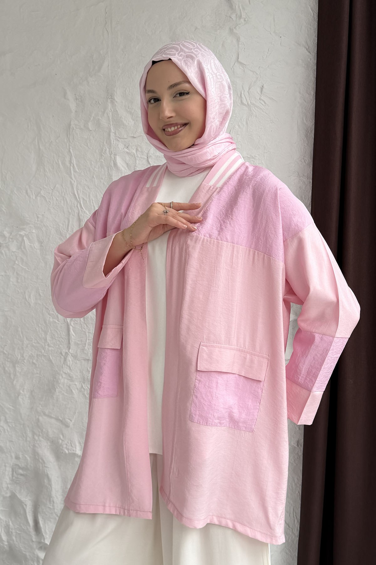 Ribana Yaka Çizgi Detaylı Ön İki Cepli Kap-PEMBE