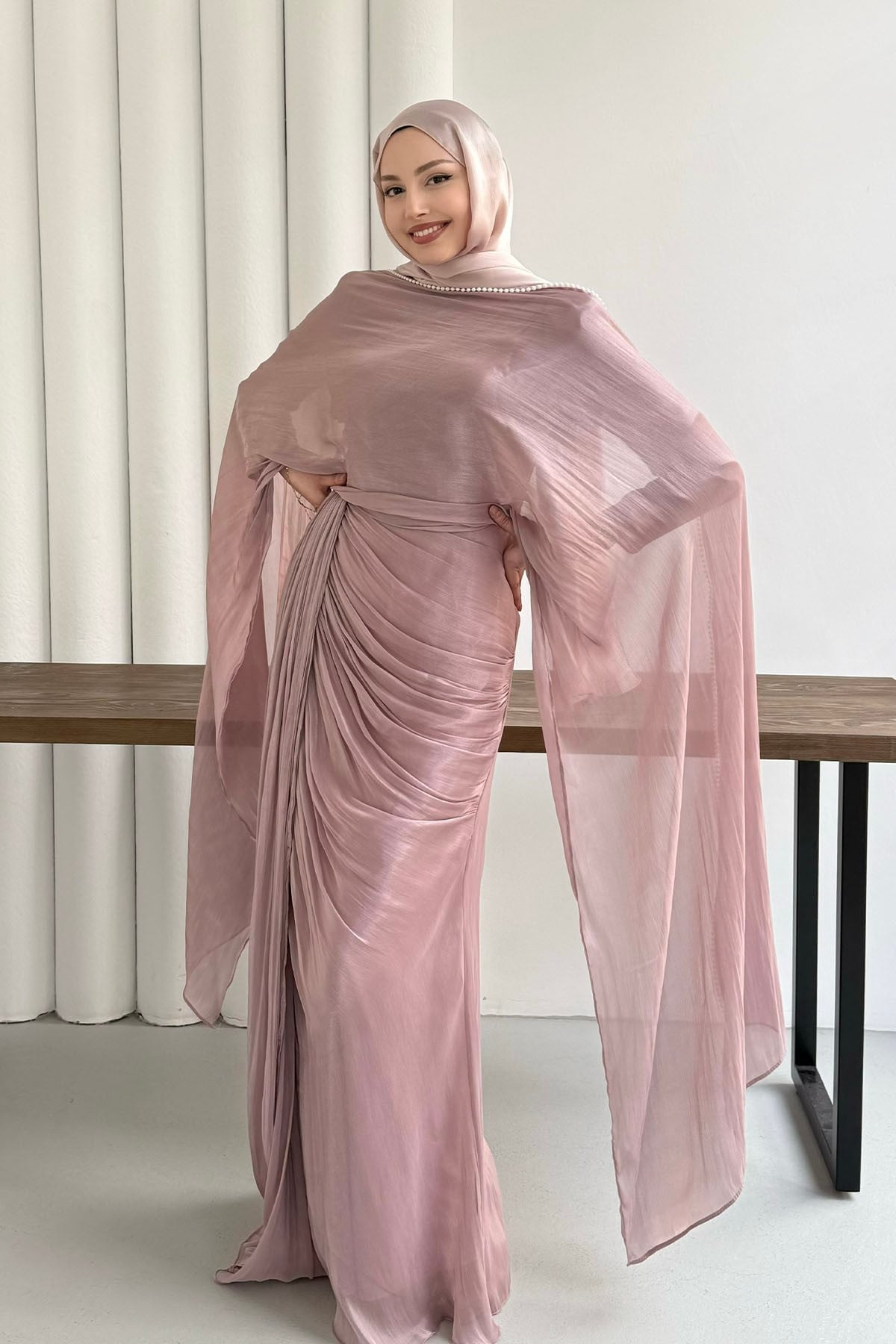 Royal İnci Fular & Şal Detaylı Tesettür Abiye-PEMBE
