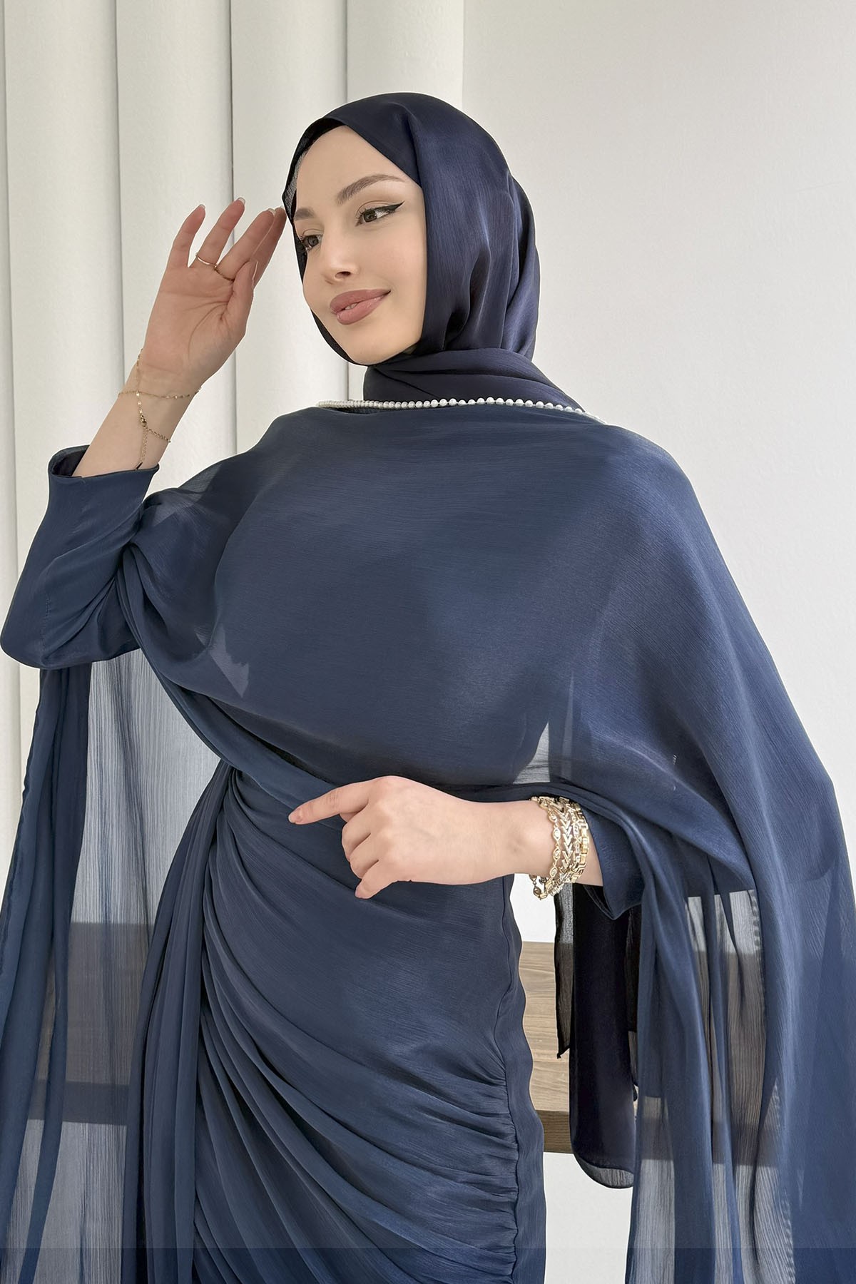 Royal İnci Fular & Şal Detaylı Tesettür Abiye-LACİVERT