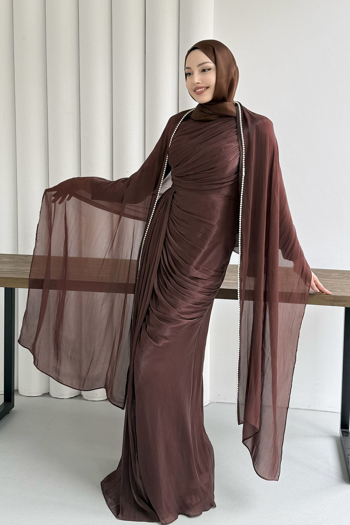 Royal İnci Fular & Şal Detaylı Tesettür Abiye-KAHVERENGİ